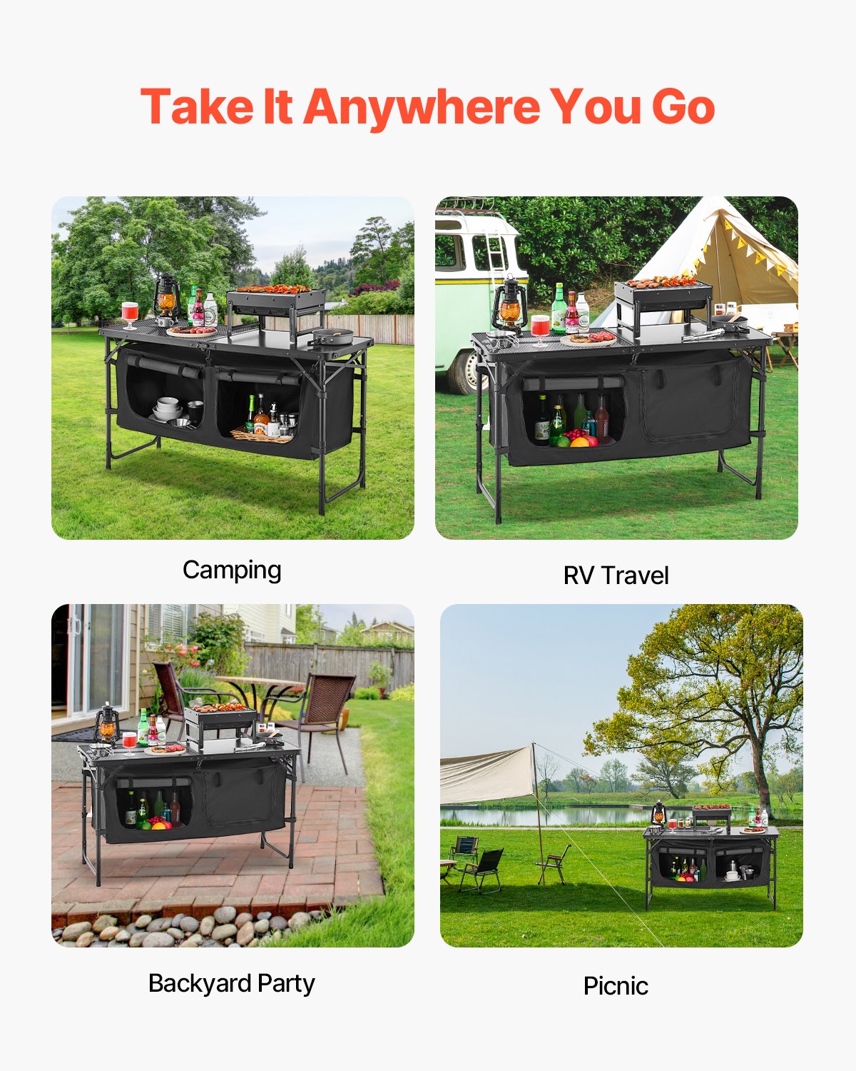 VEVOR Tavolo da Cucina da Campeggio, 3 Altezze Regolabili, Stazione di Cottura Portatile Leggera in Alluminio con Organizzatore per Riporre Oggetti, Maniglia per Trasporto, per Barbecue, Feste, Nero