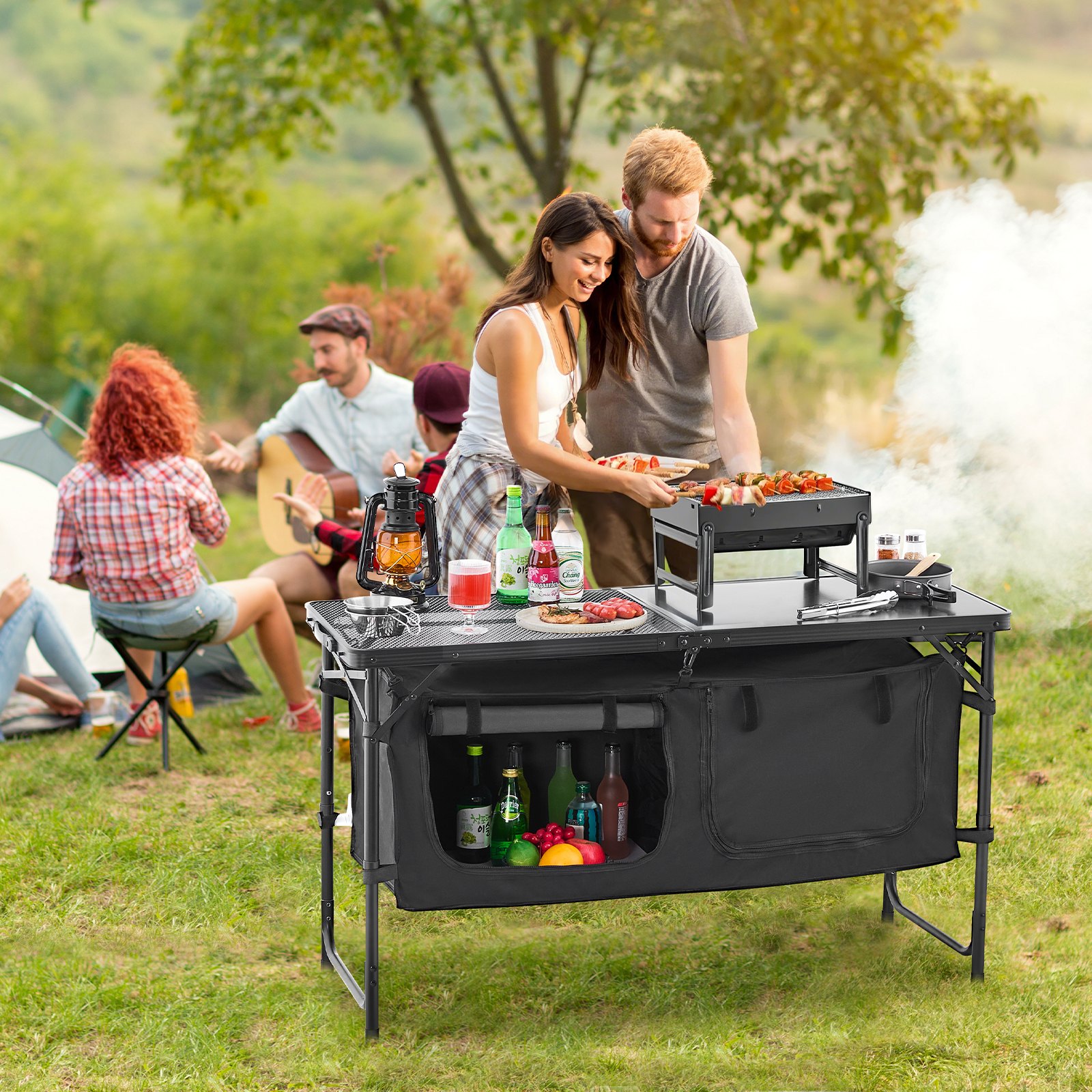 VEVOR Tavolo da Cucina da Campeggio, 3 Altezze Regolabili, Stazione di Cottura Portatile Leggera in Alluminio con Organizzatore per Riporre Oggetti, Maniglia per Trasporto, per Barbecue, Feste, Nero