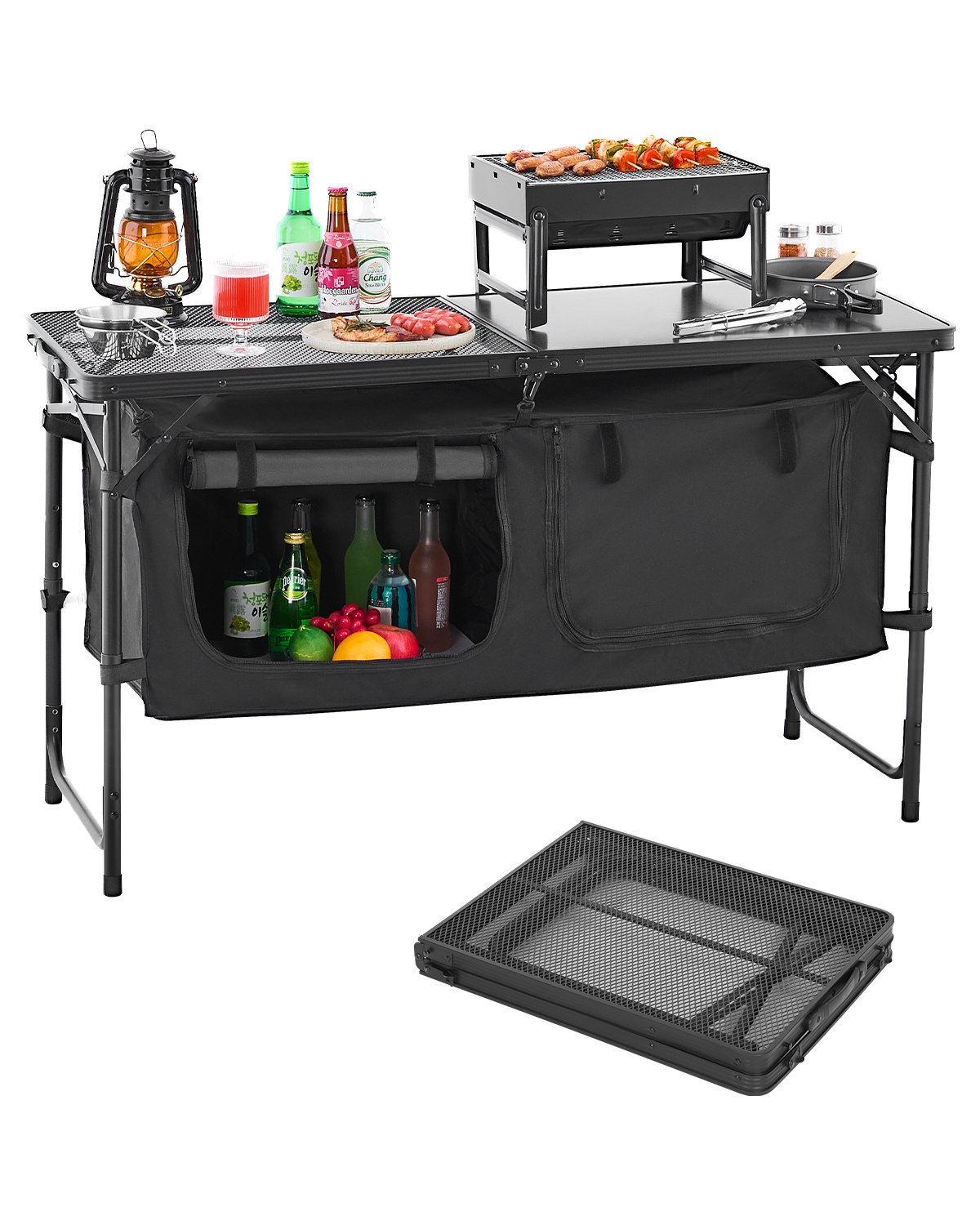 VEVOR Tavolo da Cucina da Campeggio, 3 Altezze Regolabili, Stazione di Cottura Portatile Leggera in Alluminio con Organizzatore per Riporre Oggetti, Maniglia per Trasporto, per Barbecue, Feste, Nero