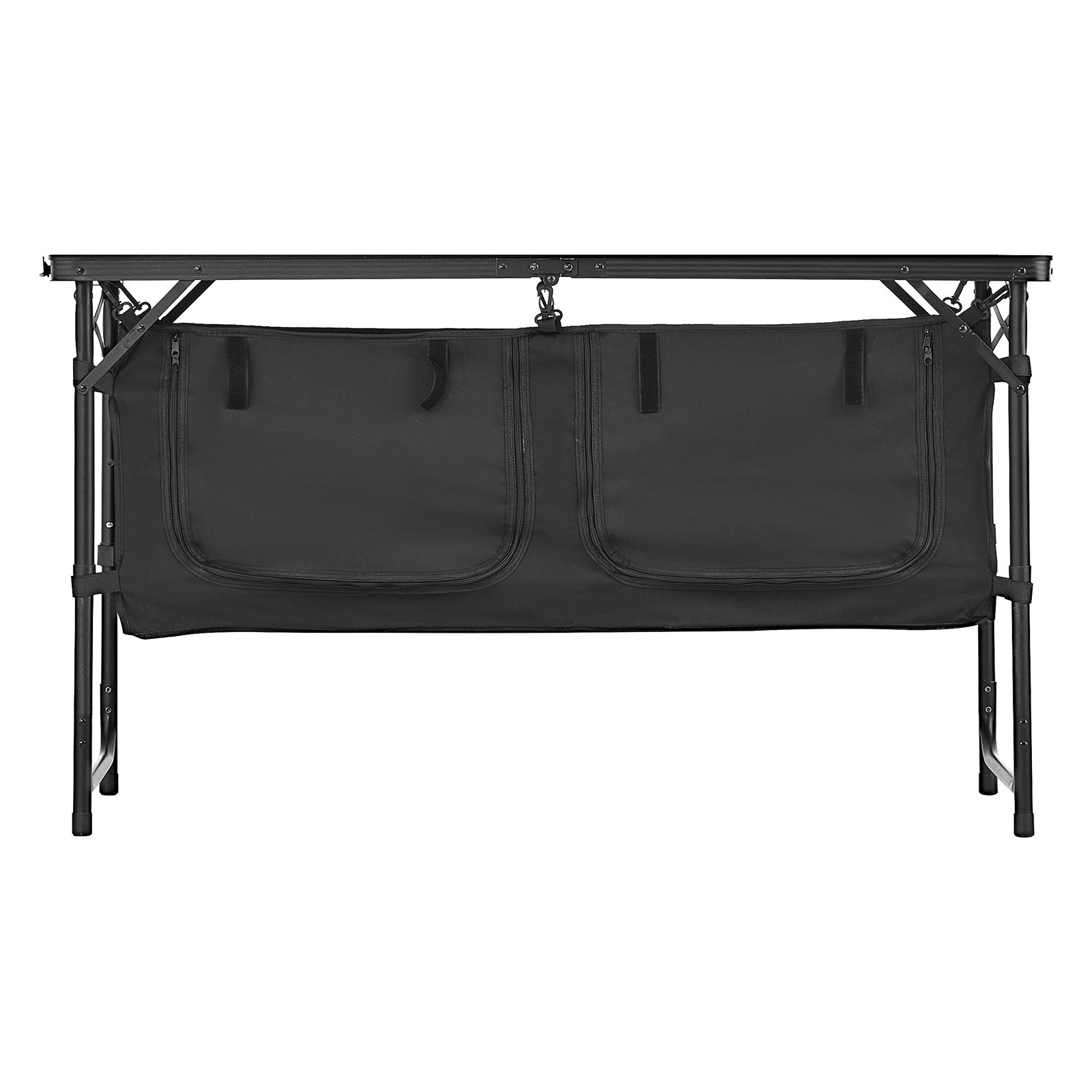 VEVOR Tavolo da Cucina da Campeggio, 3 Altezze Regolabili, Stazione di Cottura Portatile Leggera in Alluminio con Organizzatore per Riporre Oggetti, Maniglia per Trasporto, per Barbecue, Feste, Nero