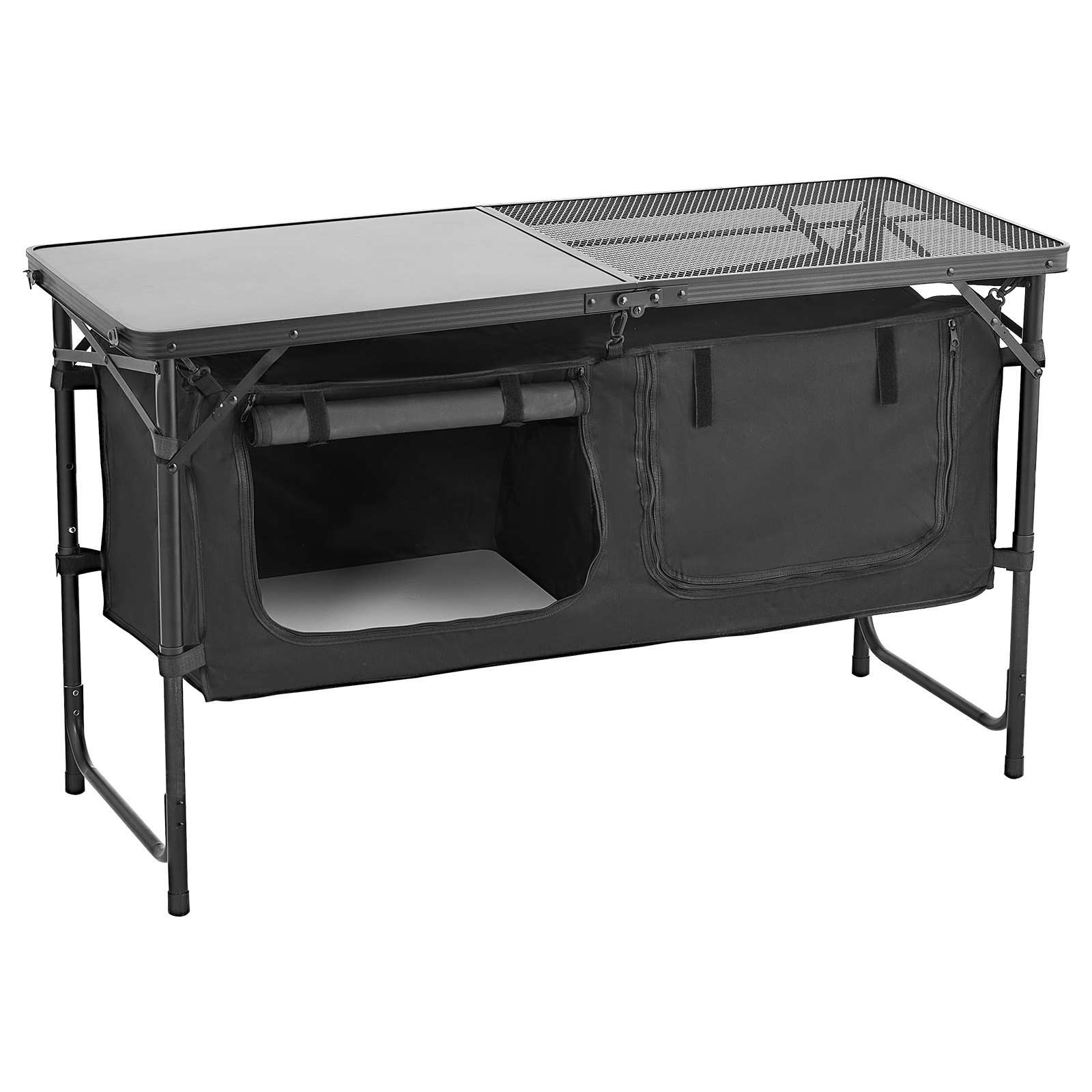 VEVOR Tavolo da Cucina da Campeggio, 3 Altezze Regolabili, Stazione di Cottura Portatile Leggera in Alluminio con Organizzatore per Riporre Oggetti, Maniglia per Trasporto, per Barbecue, Feste, Nero