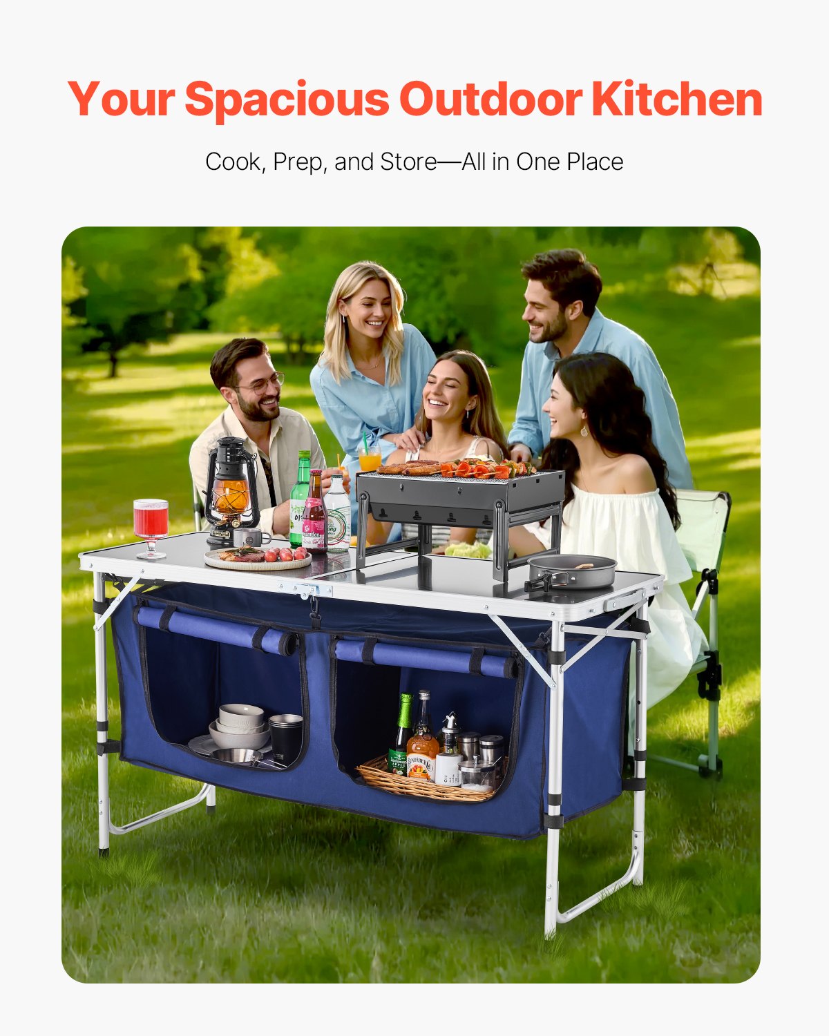 VEVOR Tavolo da Cucina da Campeggio Pieghevole per Esterni, 3 Altezze Regolabili, Stazione di Cottura Portatile Leggera in Alluminio con Organizzatore per Riporre Oggetti, Maniglia per Trasporto, Blu