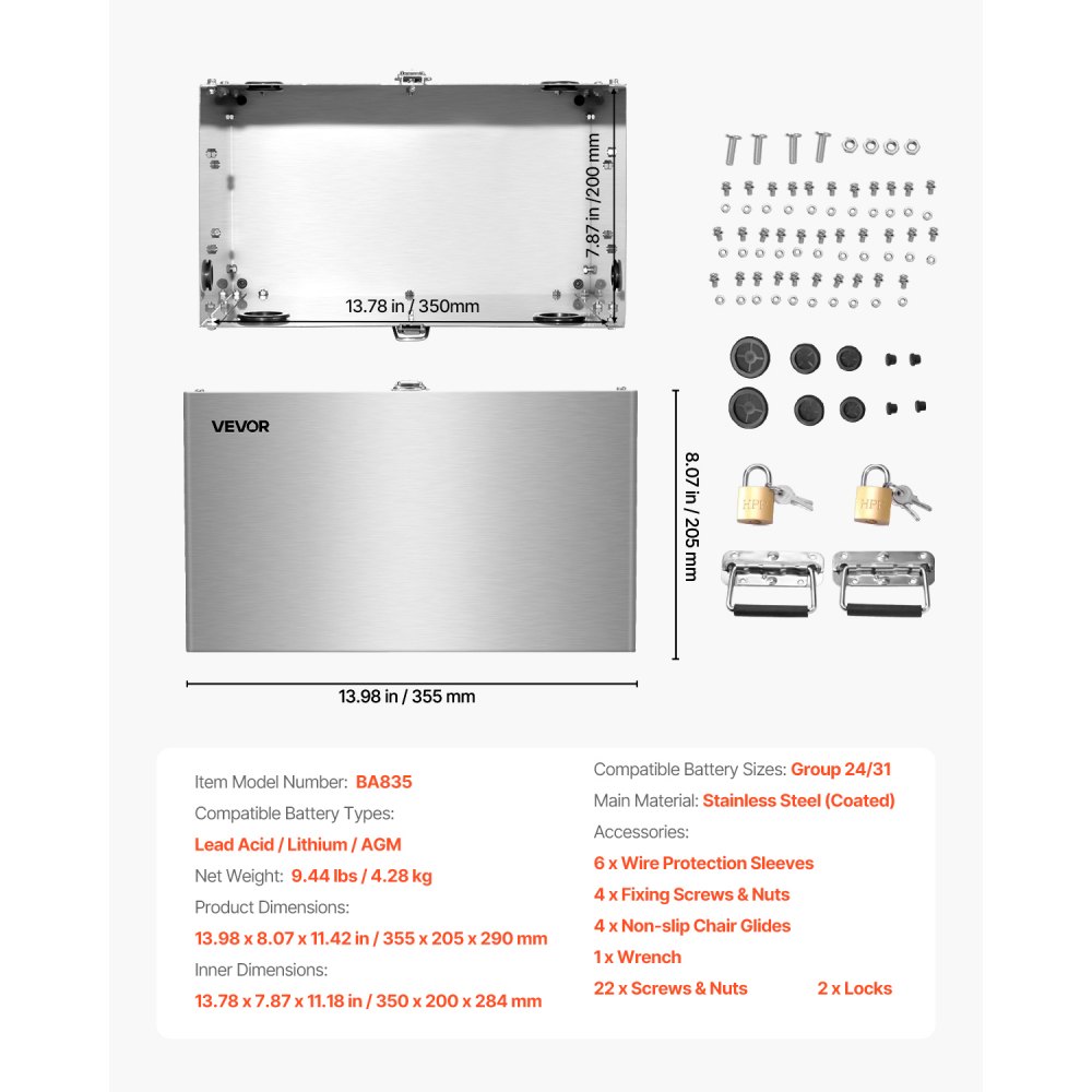 VEVOR Battery Box, Group 24/31 Battery Box, Marine Battery Enclosure with Lock, Handles & Rubber Grommet Cable Holes, Stainless Steel Housing, Suitable for Cars, Boats & Trolling Motors