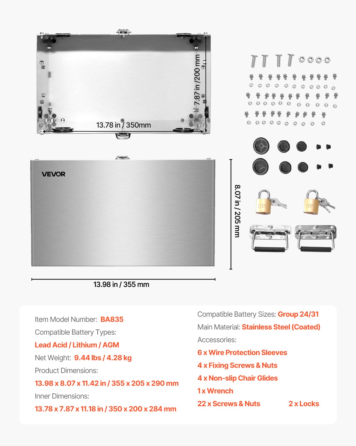 VEVOR Battery Box, Group 24/31 Battery Box, Marine Battery Enclosure with Lock, Handles & Rubber Grommet Cable Holes, Stainless Steel Housing, Suitable for Cars, Boats & Trolling Motors