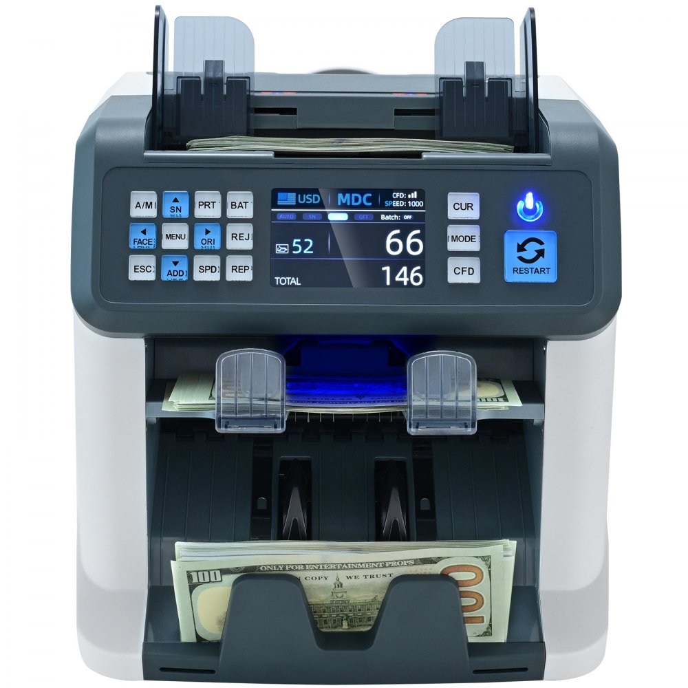 VEVOR Money Counting Machine, Banknote Counter with Mixed Denominations, 2CIS, SN, UV, IR, MG, DD Counterfeit Detection, Multiple Currencies, Value Counting and Sorting Device, Printer Activated
