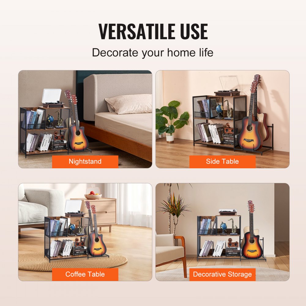 VEVOR Supporto per Giradischi a 3 Livelli con Supporto per Chitarra, Supporto Dischi con Spazio Fino a 300 album, Armadietto in Vinile con Struttura in Rete Metallica per Soggiorno Camera da Letto