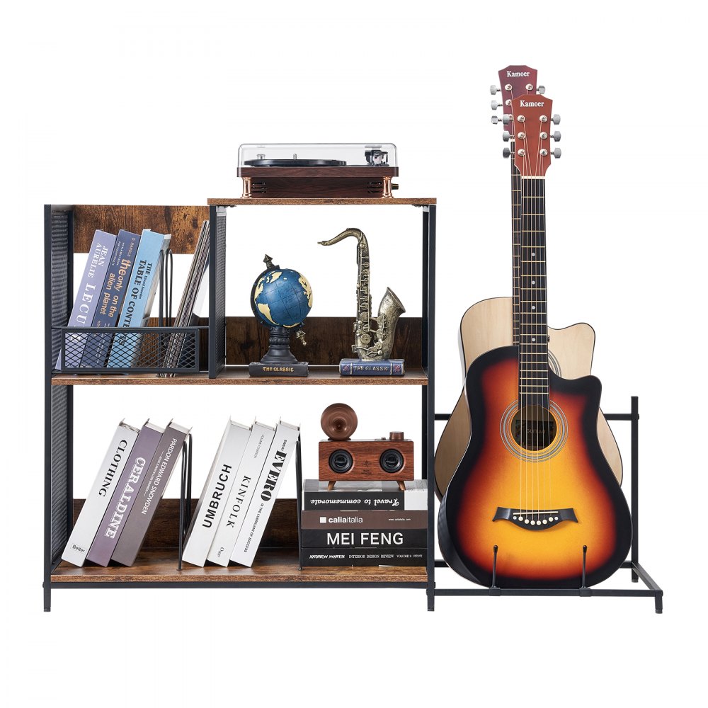 VEVOR 3-Tier Turntable Stand with Guitar Holder, Record Rack with Storage for up to 300 Albums, Vinyl Record Cabinet with Metal Grid Frame for Living Room Bedroom