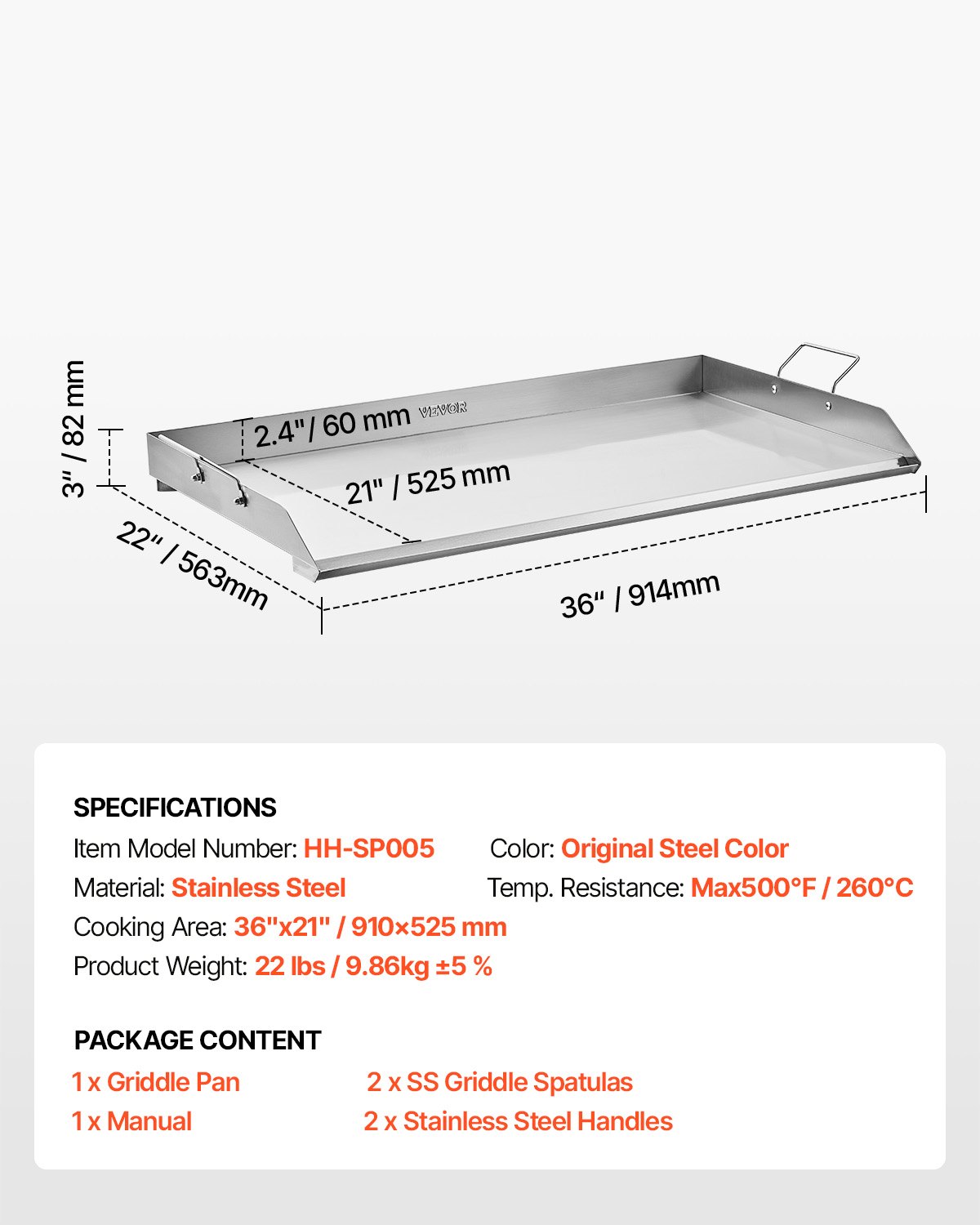 VEVOR Griddle Plate, Stainless Steel Universal Rectangular Plate (910 x 525 mm) with Flat Top, Gas Grill Griddle Plate for BBQ Grill Teppanyaki, Portable Family Cookware with Handle