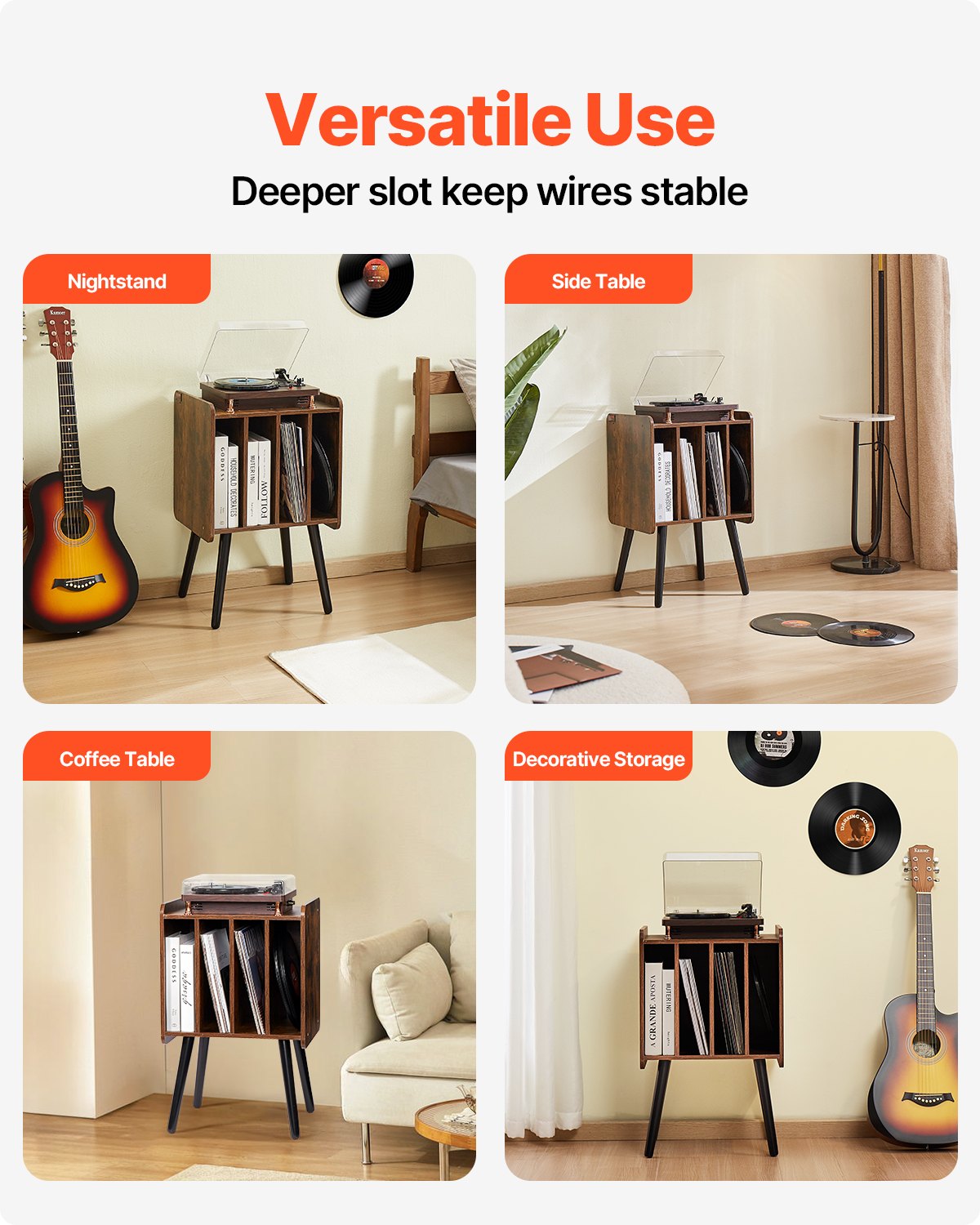 VEVOR Supporto per Giradischi, Supporto per Giradischi a 2 Livelli con 4 Armadietti, Contiene 100 Album, Mobiletto Portadischi in Legno con Ripiano Espositivo per Camera da Letto, Soggiorno, Marrone