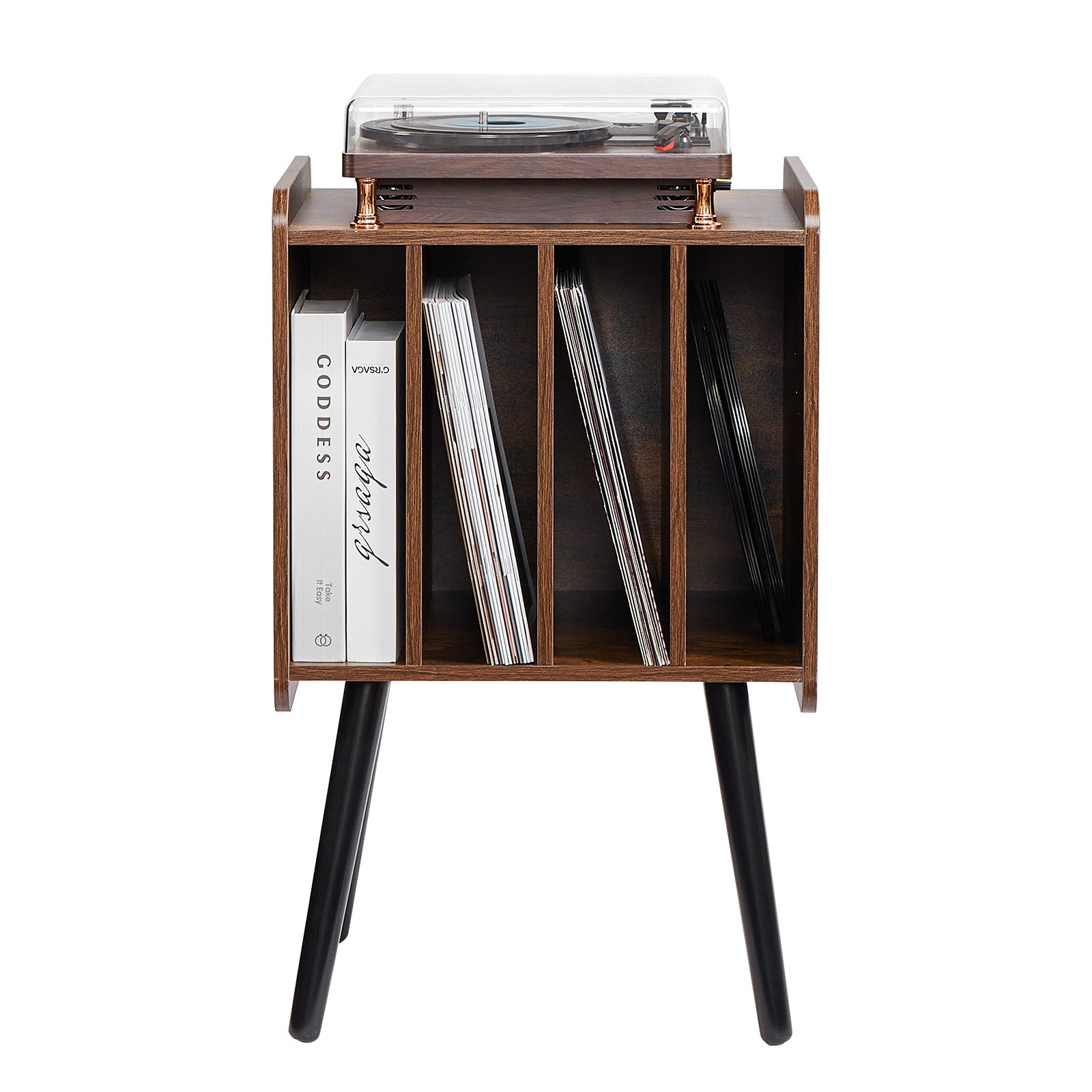 VEVOR Supporto per Giradischi, Supporto per Giradischi a 2 Livelli con 4 Armadietti, Contiene 100 Album, Mobiletto Portadischi in Legno con Ripiano Espositivo per Camera da Letto, Soggiorno, Marrone
