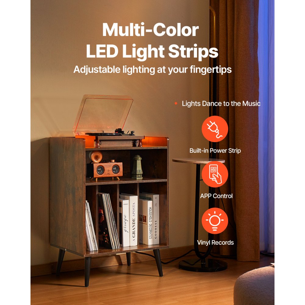VEVOR Supporto per Giradischi con Luce LED, Supporto per Giradischi a 3 Livelli con Stazione di Ricarica e Porte USB, Contiene 150 Album, Mobiletto Portadischi con Ripiano Espositivo per Soggiorno