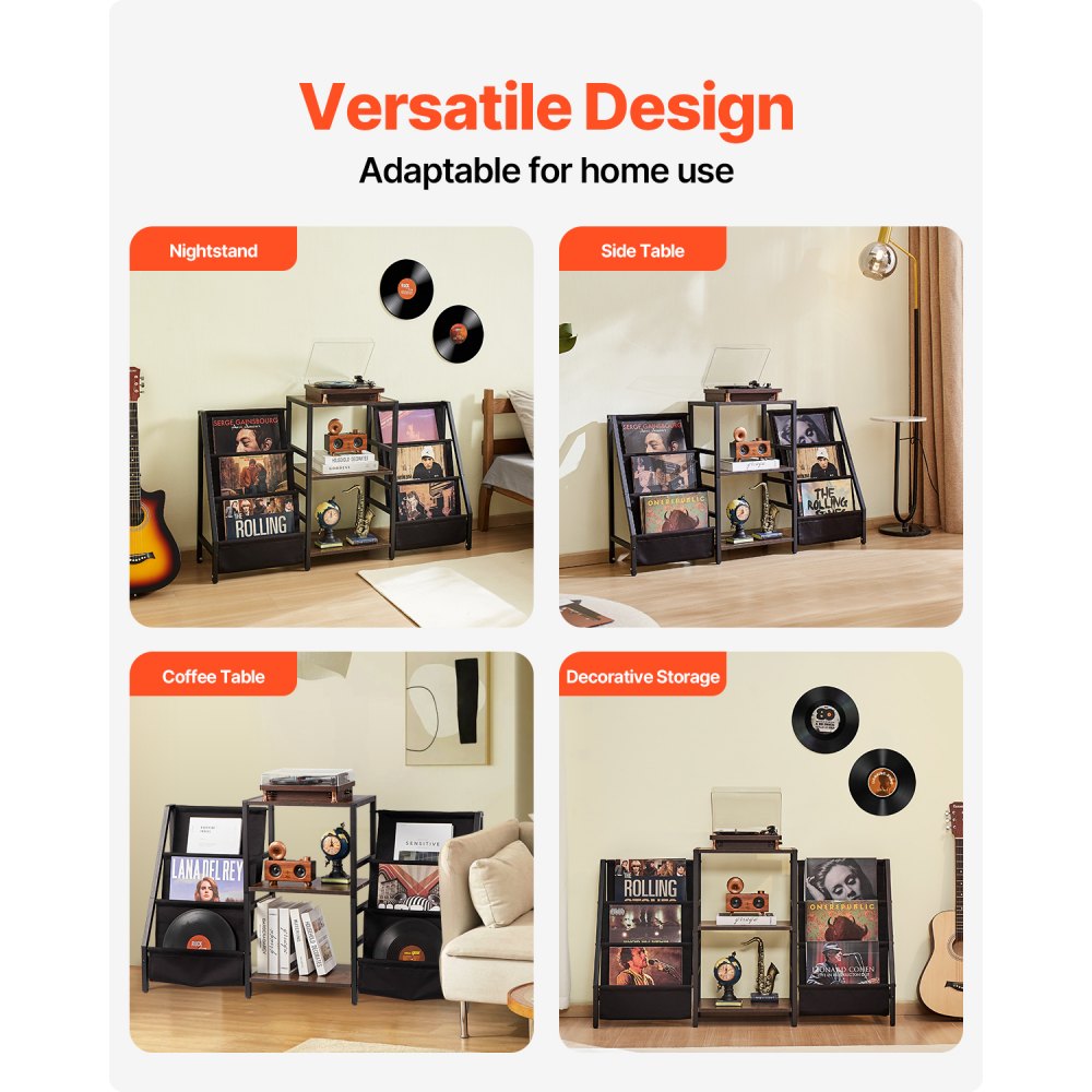 VEVOR Supporto per Giradischi, Supporto per Dischi in Vinile in Metallo a 3 Livelli, Contiene fino a 280 Album, Supporto per Giradischi con Ripiano Espositivo, Portadischi per Soggiorno, Nero