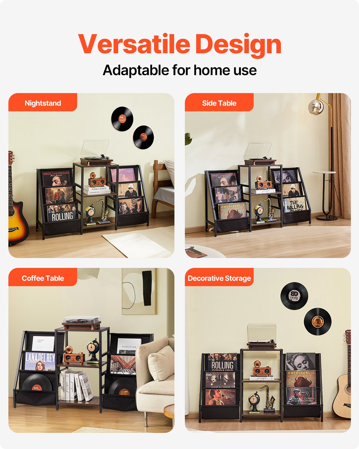 VEVOR Supporto per Giradischi, Supporto per Dischi in Vinile in Metallo a 3 Livelli, Contiene fino a 280 Album, Supporto per Giradischi con Ripiano Espositivo, Portadischi per Soggiorno, Nero