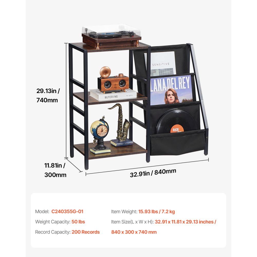 VEVOR Supporto per Giradischi, Contiene Fino a 200 Album, Supporto per Giradischi a 3 Livelli con Stazione di Ricarica e Porte USB, con Contenitore per Dischi in Vinile Porta Dischi per Soggiorno,Nero