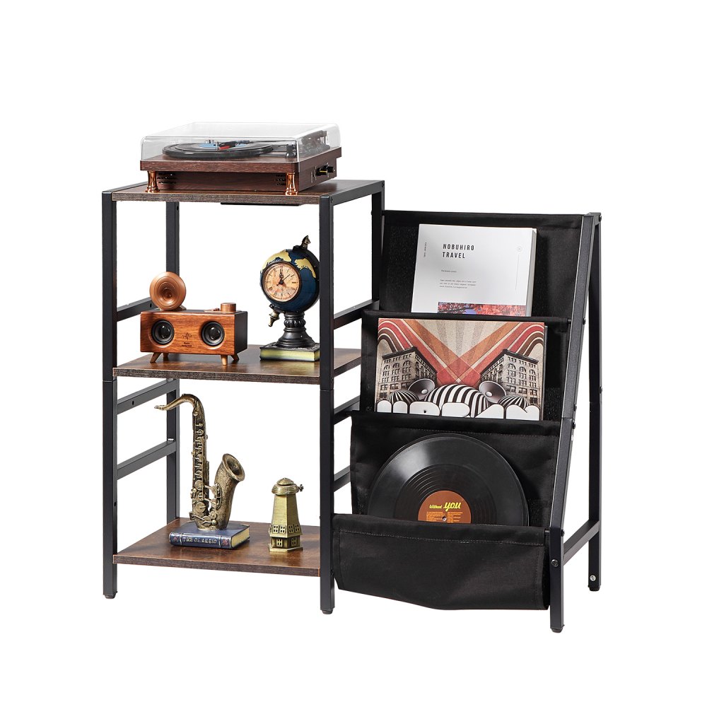 VEVOR Supporto per Giradischi, Contiene Fino a 200 Album, Supporto per Giradischi a 3 Livelli con Stazione di Ricarica e Porte USB, con Contenitore per Dischi in Vinile Porta Dischi per Soggiorno,Nero