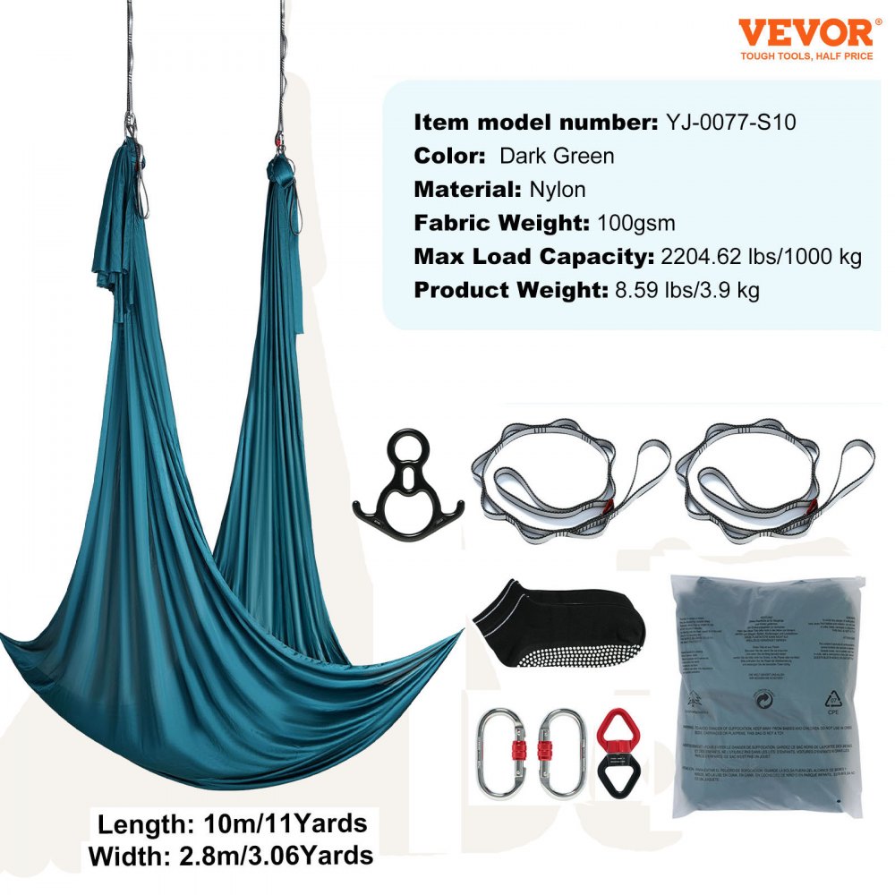 VEVOR Altalena per Yoga e Seta Aerea, 11 Metri, Kit Amaca per Yoga Aerea con Tessuto in Nylon da 100 g/m², Hardware Completo per L'attrezzatura e Guida di Installazione Facile Verde