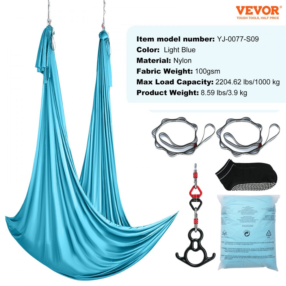 VEVOR Altalena per Yoga e Seta Aerea, 11 Metri, Kit Amaca per Yoga Aerea con Tessuto in Nylon da 100 g/m², Hardware Completo per L'attrezzatura e Guida di Installazione Facile, Blu