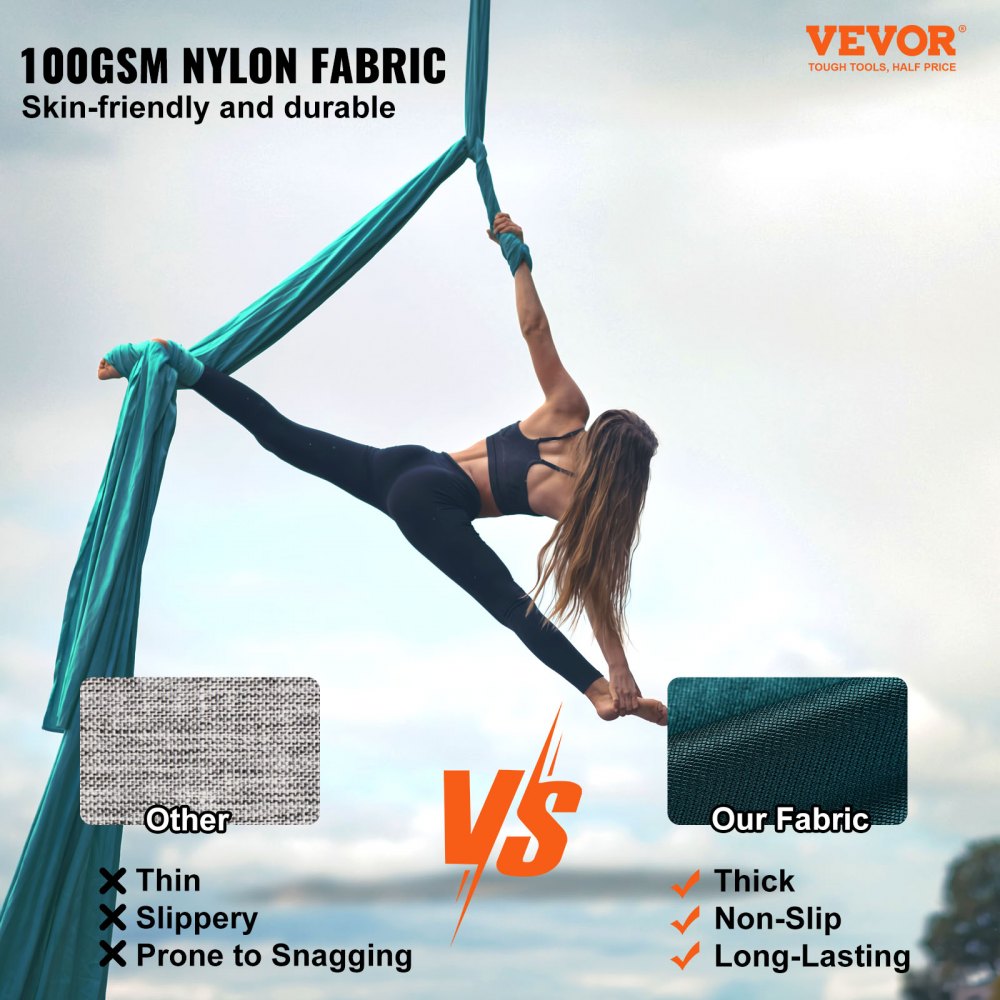 VEVOR Aerial Yoga Hammock Set 8 x 2.8 m, Green Aerial Yoga Swing Air Flying, Indoor Aerial Yoga Hammock Swing 1000 kg Max. Load Capacity, incl. Yoga Socks & Steel Carabiner & Aluminum Swivel
