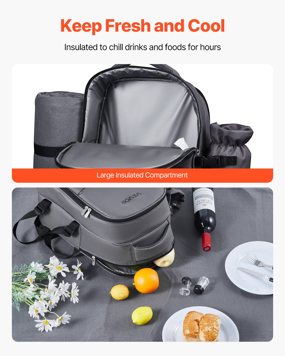 VEVOR Zaino da Picnic per 2 Persone, Capacità di 20 L Borsa da Picnic da Spiaggia con Portabottiglie Vino Staccabile, Coperta Leggera, Piatti e Posate per Escursionismo, Campeggio, Grigio Scuro