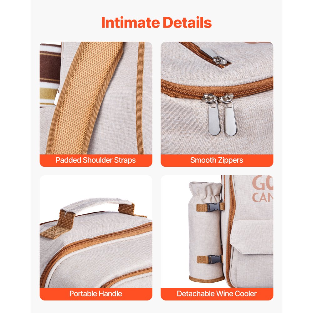 VEVOR Zaino da Picnic per 4 Persone, Capacità di 20 L Borsa da Picnic da Spiaggia con Portabottiglie Vino Staccabile, Coperta Leggera, Set di Piatti e Posate per Escursionismo, Campeggio, Beige
