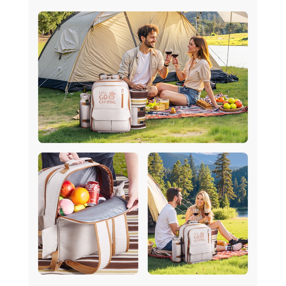 VEVOR Zaino da Picnic per 4 Persone, Capacità di 20 L Borsa da Picnic da Spiaggia con Portabottiglie Vino Staccabile, Coperta Leggera, Set di Piatti e Posate per Escursionismo, Campeggio, Beige