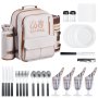 VEVOR Zaino da Picnic per 4 Persone, Capacità di 20 L Borsa da Picnic da Spiaggia con Portabottiglie Vino Staccabile, Coperta Leggera, Set di Piatti e Posate per Escursionismo, Campeggio, Beige