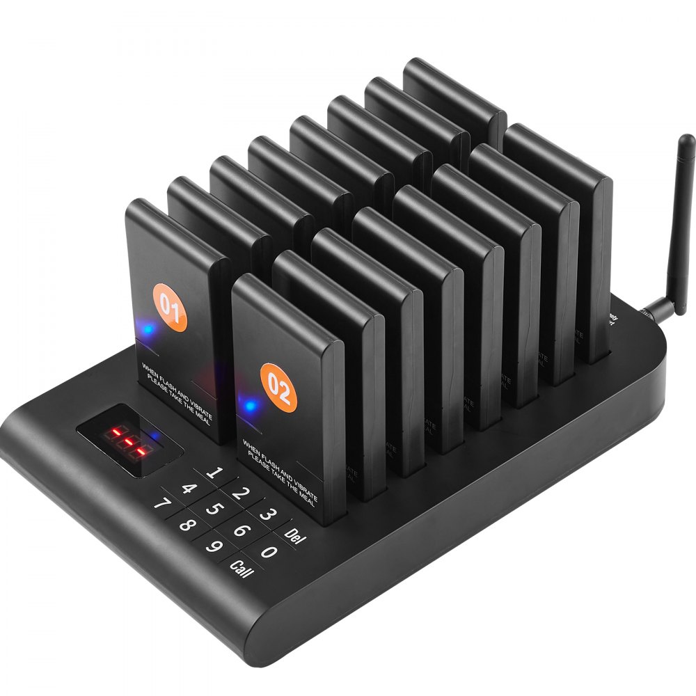VEVOR Cercapersone per ristoranti, Segnale coda wireless con portata 500 m, Cercapersone per chiamata ospite con vibrazione e lampeggiamento, 16 cercapersone per camion di cibo, Chiesa