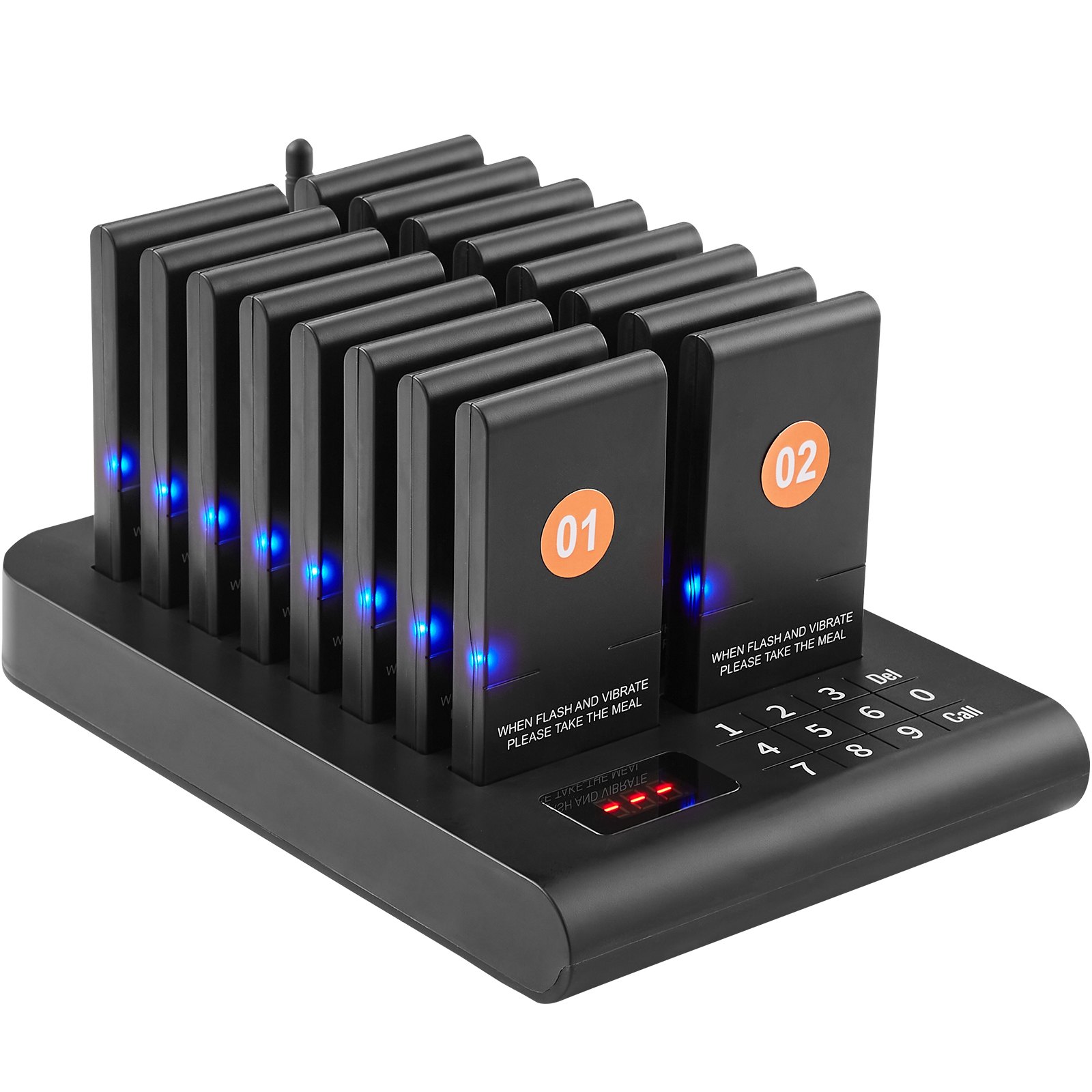 VEVOR Cercapersone per ristoranti, Segnale coda wireless con portata 500 m, Cercapersone per chiamata ospite con vibrazione e lampeggiamento, 16 cercapersone per camion di cibo, Chiesa