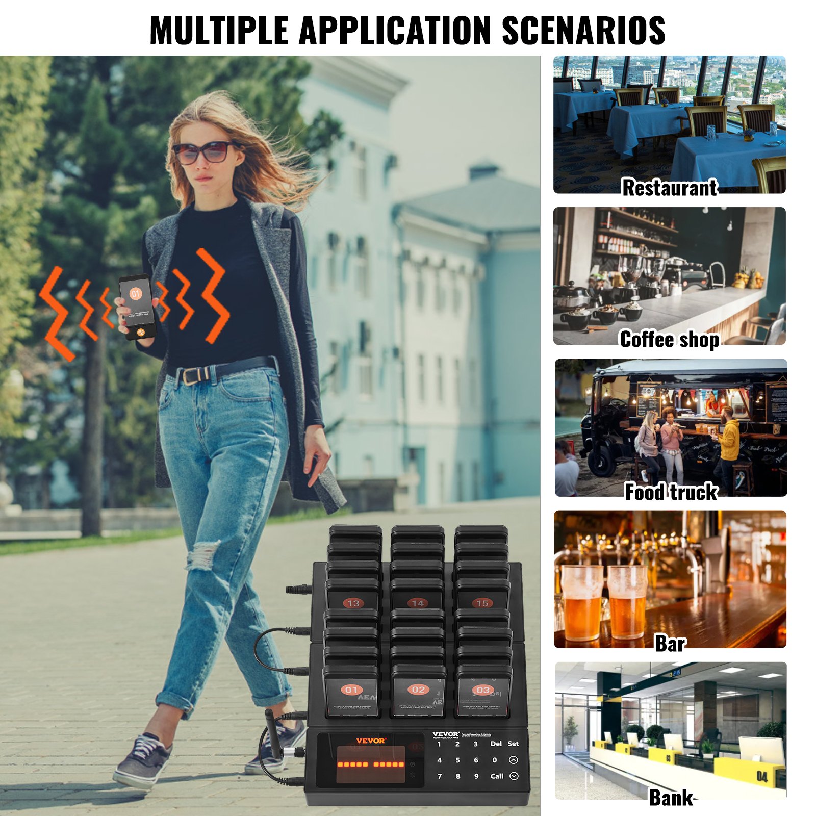 VEVOR Restaurant Pager System, Wireless Queue Signal with 400m Range, Beeper for Answering Guest Calls with Vibration and Flashing, 24 Pagers for Food Trucks, Churches