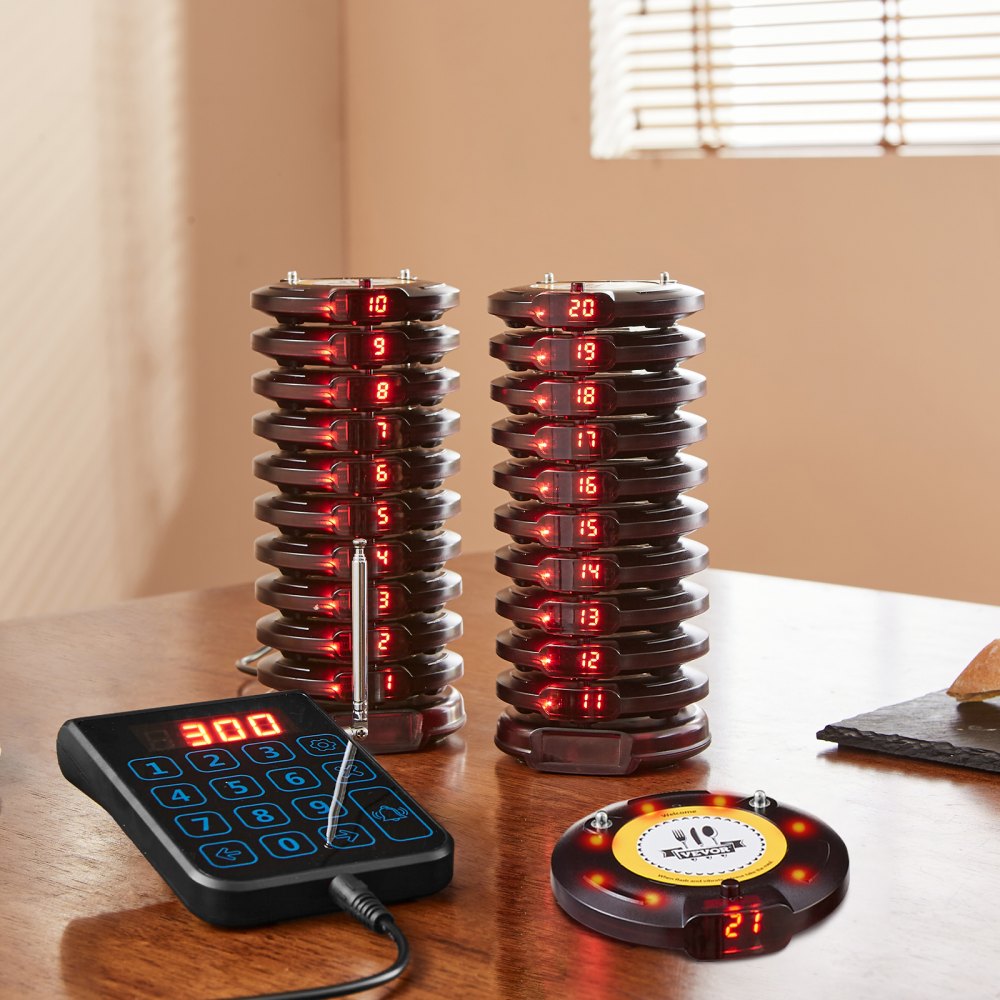 VEVOR Cercapersone per Ristorante, Segnale Coda Wireless con Portata di 500 m, Cercapersone per Chiamata Ospite con Vibrazione e Lampeggiante, 20 Cercapersone per Camion Alimentari