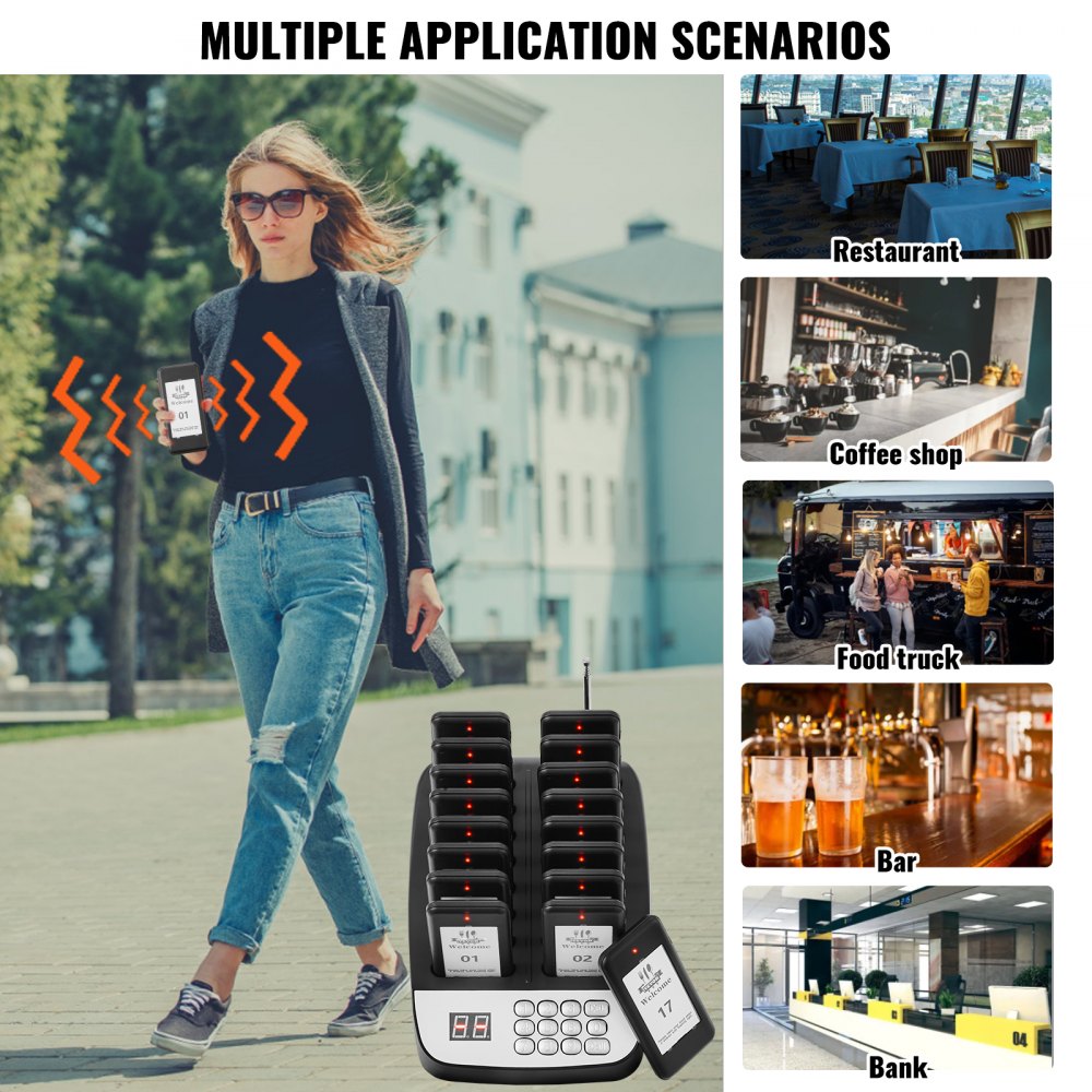 VEVOR Cercapersone per ristoranti, Segnale coda wireless con portata 500 m, Cercapersone per chiamata ospite con vibrazione e lampeggiamento, 16 cercapersone per camion di cibo, Chiesa