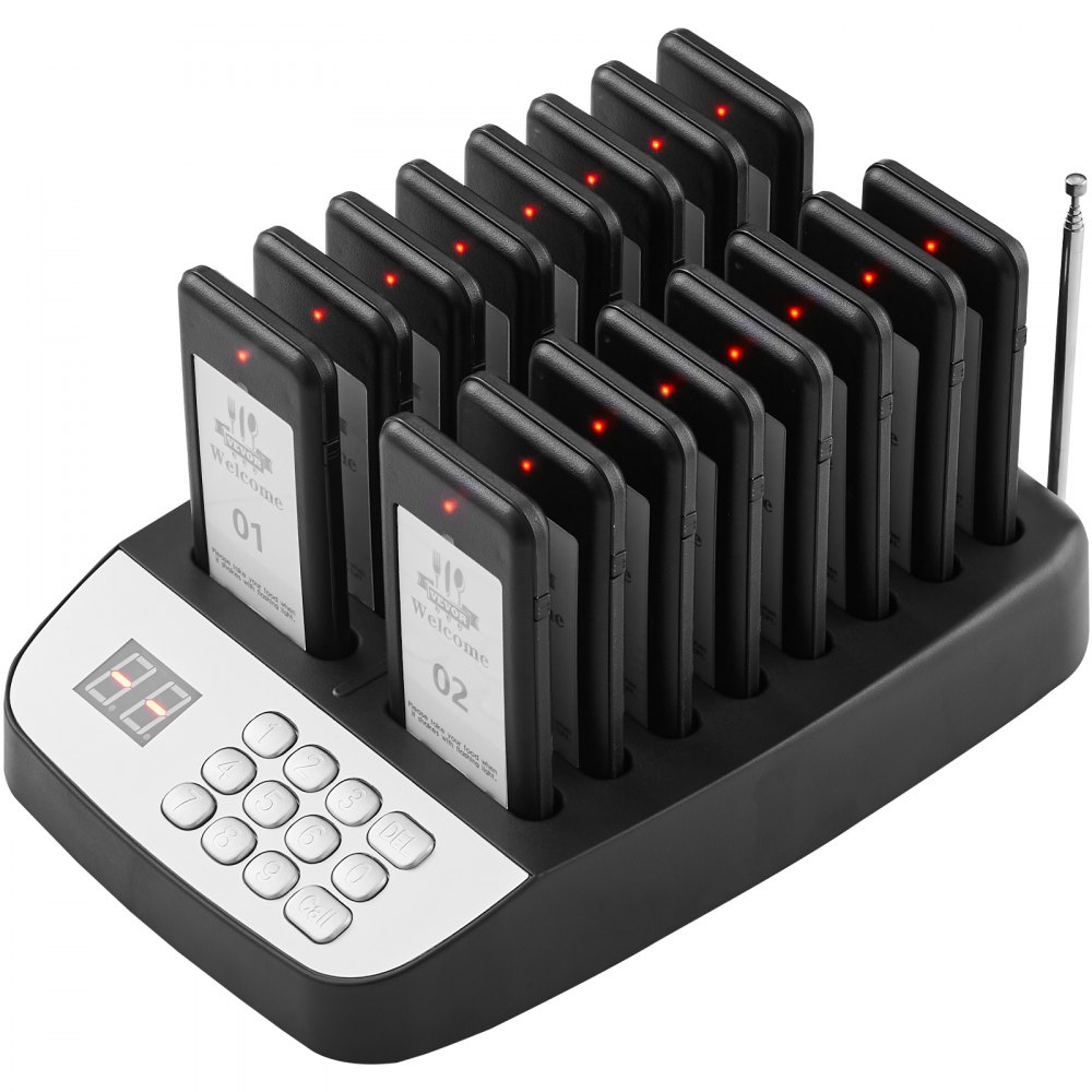 VEVOR Cercapersone per ristoranti, Segnale coda wireless con portata 500 m, Cercapersone per chiamata ospite con vibrazione e lampeggiamento, 16 cercapersone per camion di cibo, Chiesa