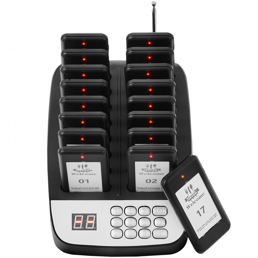 VEVOR Cercapersone per ristoranti, Segnale coda wireless con portata 500 m, Cercapersone per chiamata ospite con vibrazione e lampeggiamento, 16 cercapersone per camion di cibo, Chiesa