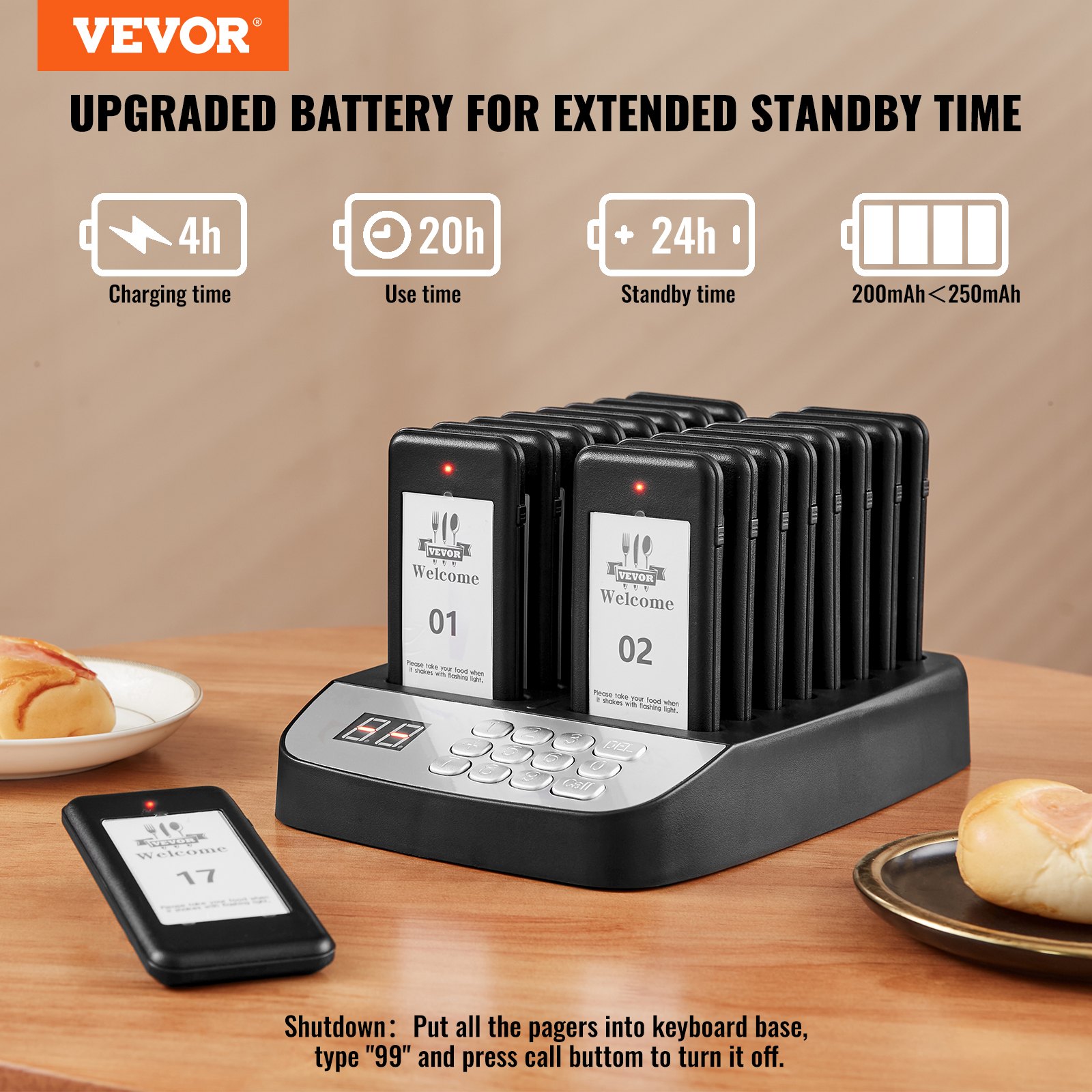 VEVOR Restaurant Pager System, Wireless Queue Signal with 500m Range, Beeper for Answering Guest Calls with Vibration and Flashing, 16 Pagers for Food Trucks, Churches