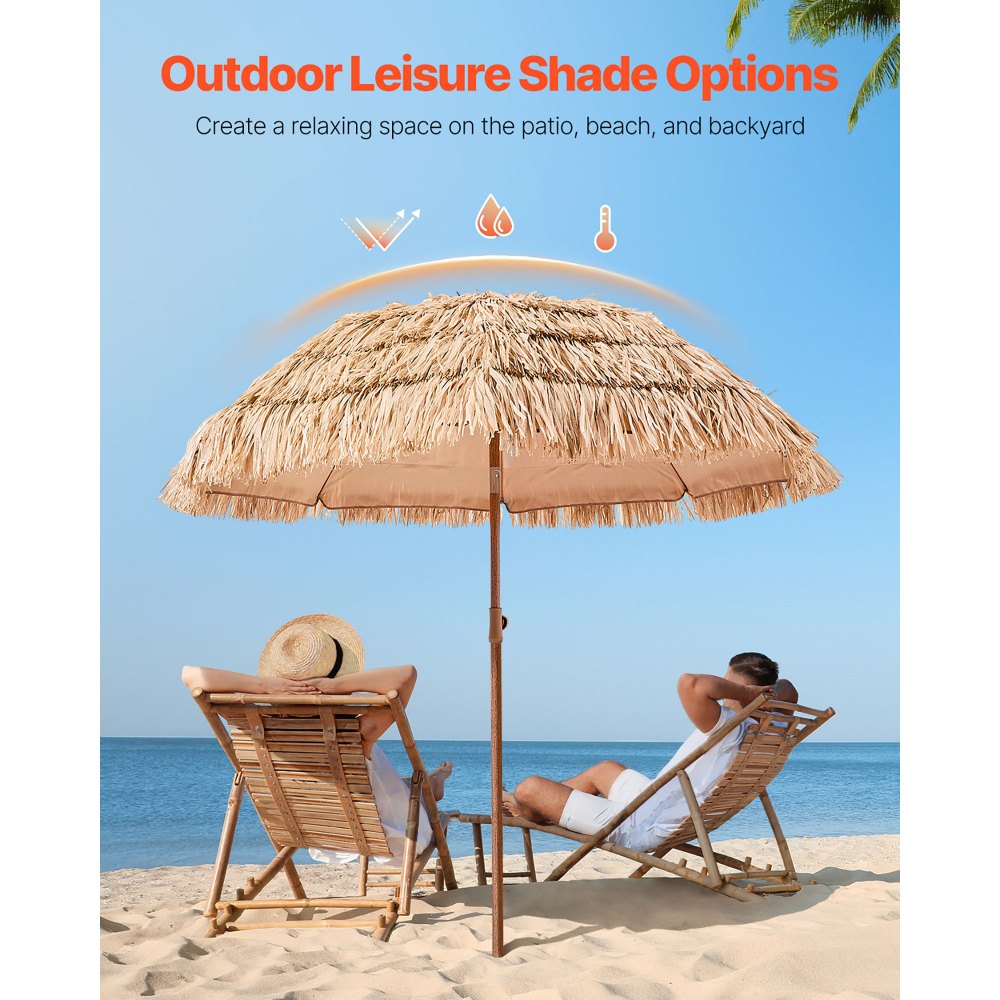 VEVOR Hawaii Straw Parasol, 1.8 m Tiltable Straw Parasol, Beach Parasol with PP Straw & 8 Metal Ribs, Garden Parasol, Market Parasol, Patio Parasol for Beach, Terrace, Poolside, Backyard & Garden