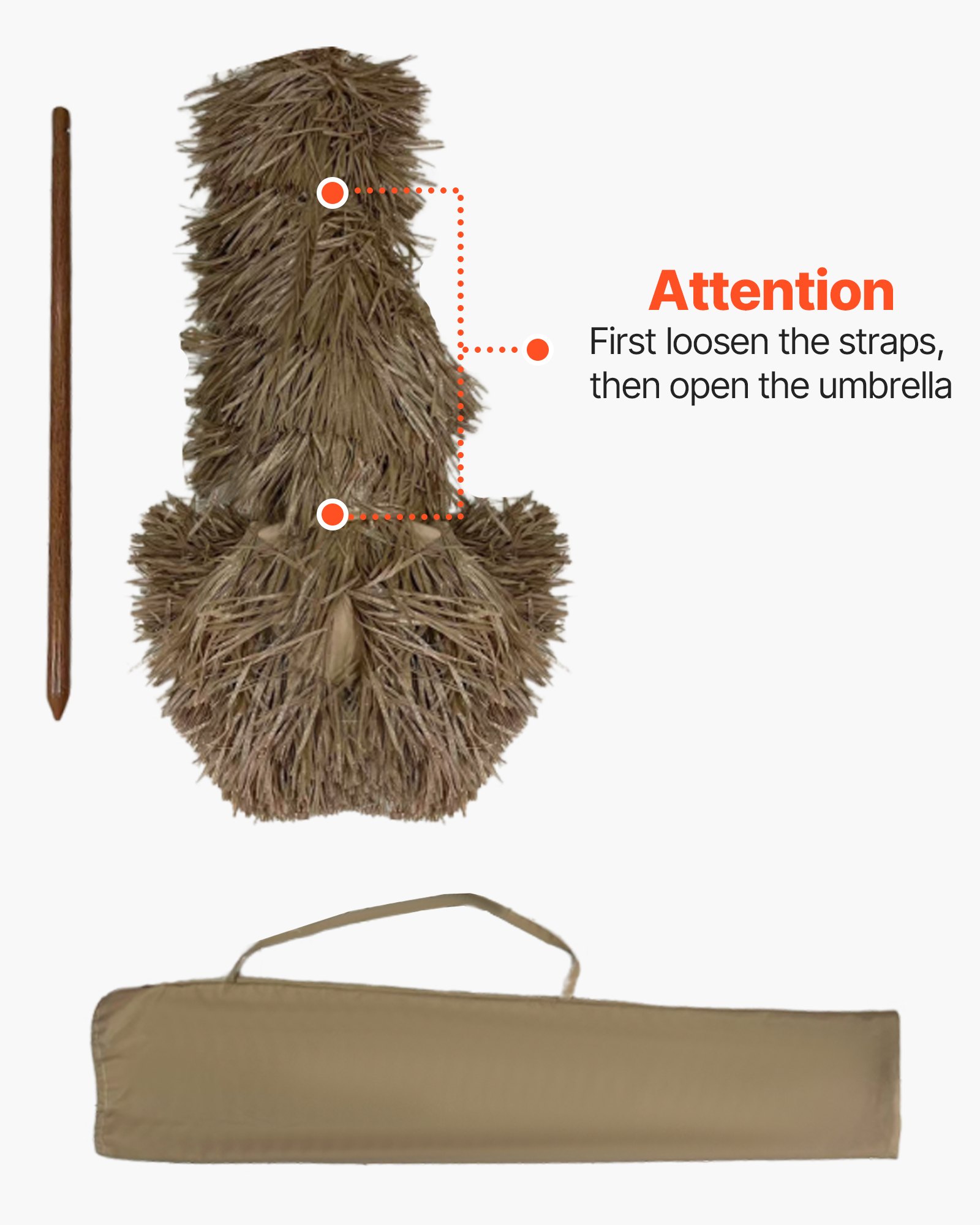 VEVOR Hawaii Straw Parasol, 1.8 m Tiltable Straw Parasol, Beach Parasol with PP Straw & 8 Metal Ribs, Garden Parasol, Market Parasol, Patio Parasol for Beach, Terrace, Poolside, Backyard & Garden