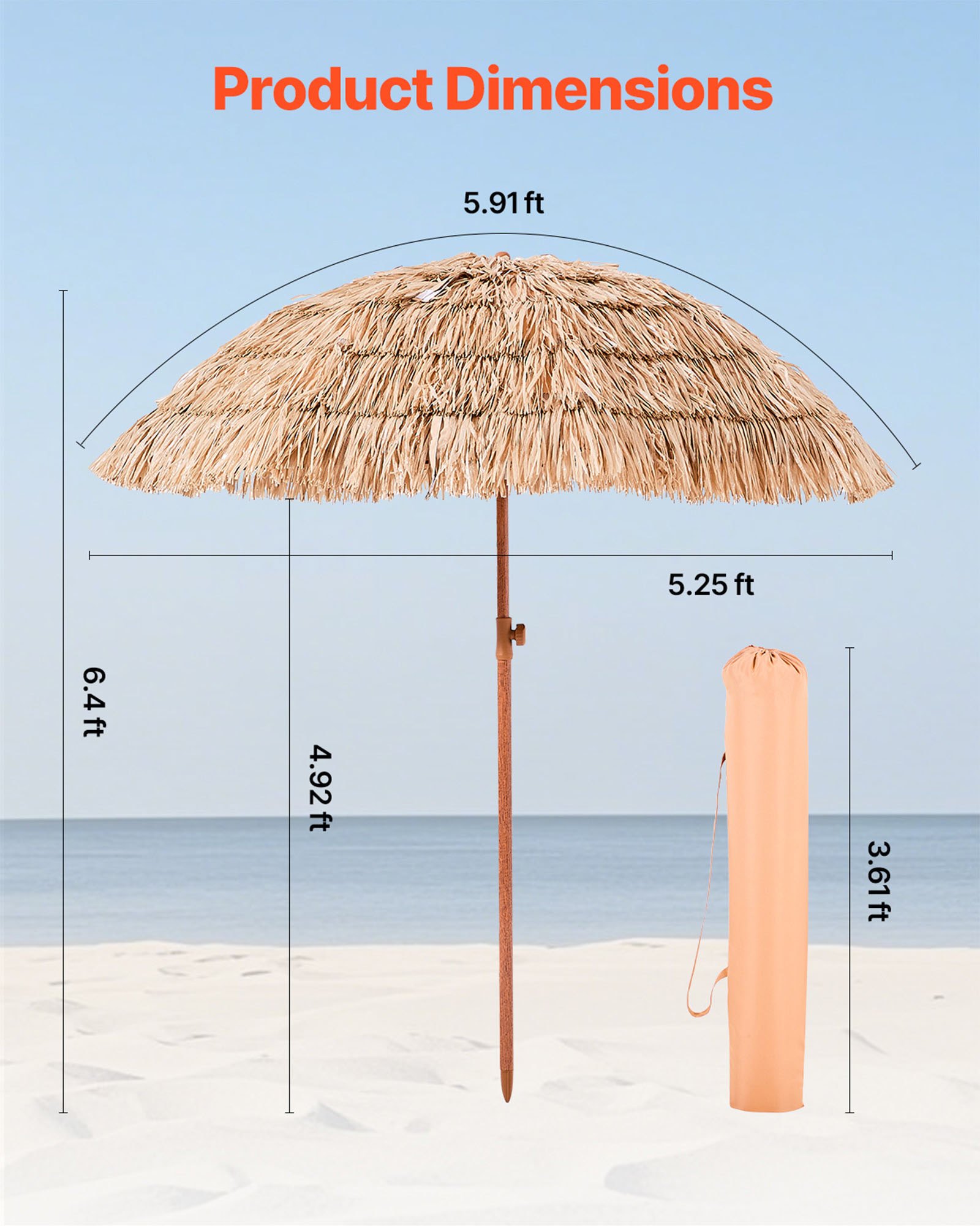 VEVOR Ombrellone da Spiaggia in Paglia 1828 mm Inclinabile, Ombrellone da Esterno Spiaggia Giardino Stile Hawaiano di Paglia in PP Pieghevole Parasole di Paglia per Cortile Piscina Giardino
