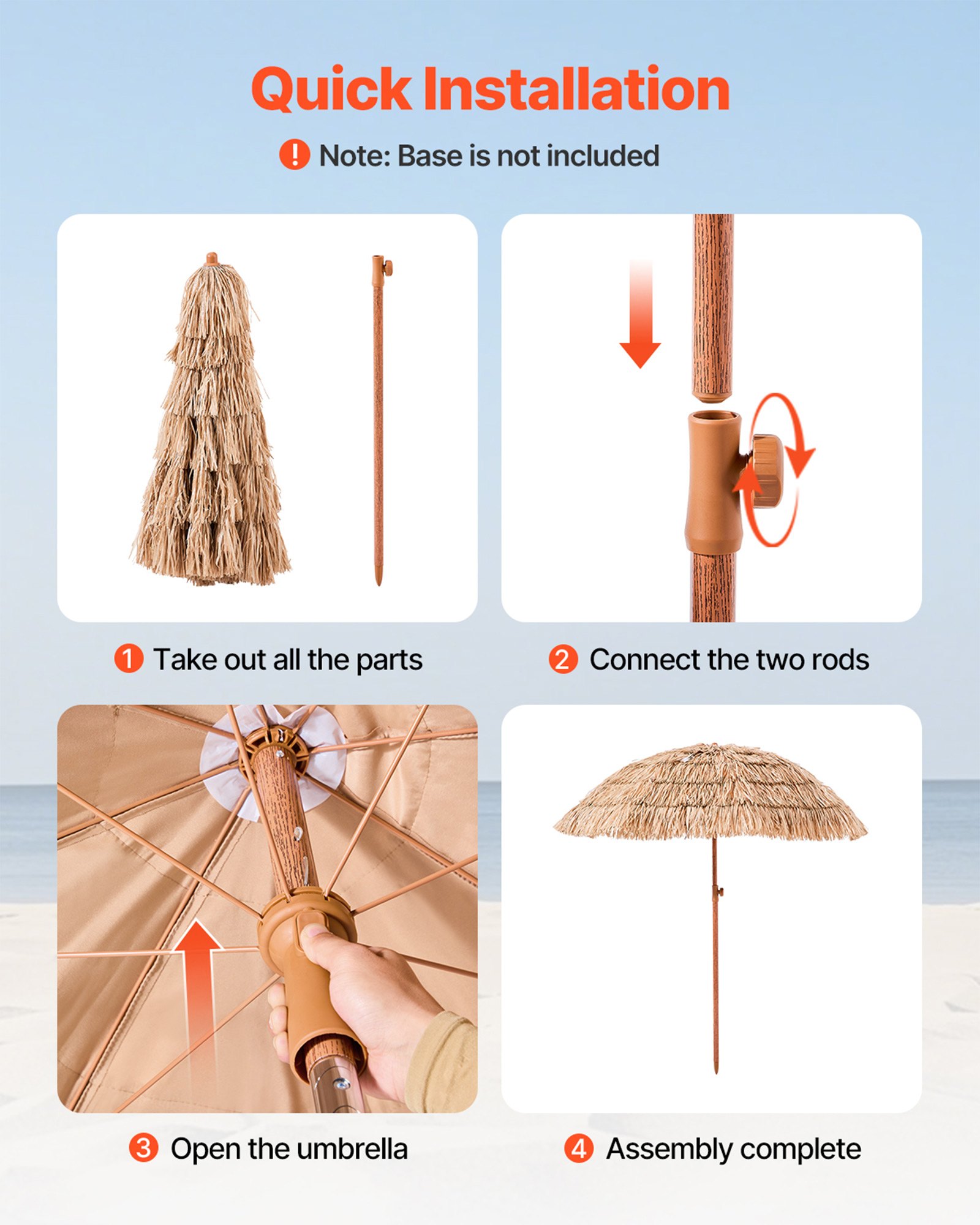 VEVOR Hawaii Straw Parasol, 2m Tiltable Straw Parasol, Beach Parasol with PP Straw & 8 Metal Ribs, Garden Parasol, Market Parasol, Patio Parasol for Beach, Terrace, Poolside, Backyard & Garden