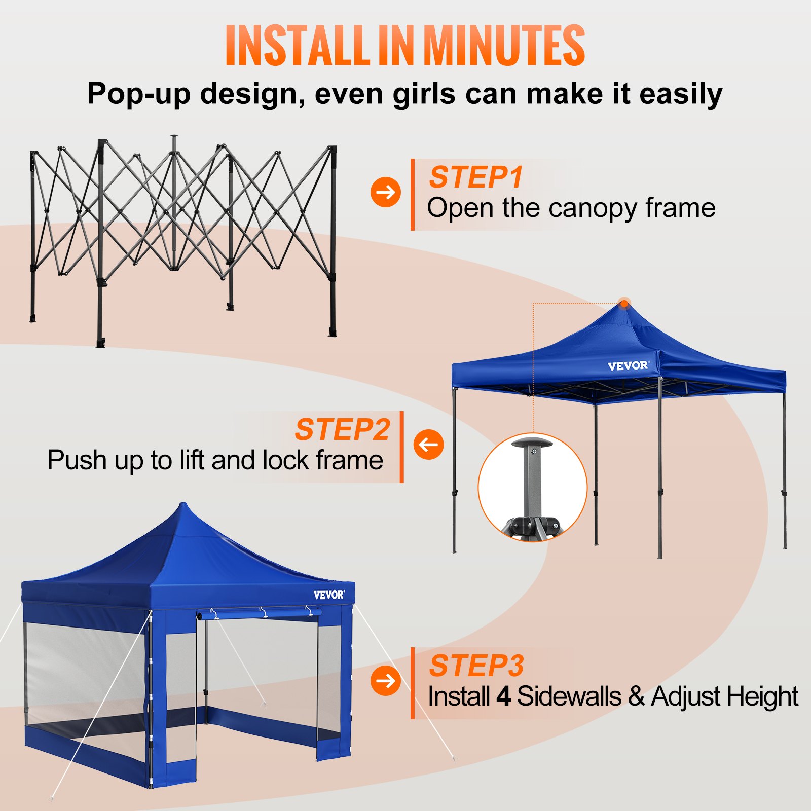 VEVOR Foldable Pavilion 3x3m Folding Pavilion 240g PVC-Coated Polyester Pop-Up Pavilion 1.95-2.13m Adjustable Party Tent Marquee Beach Tent Blue for Weddings or other commercial activities