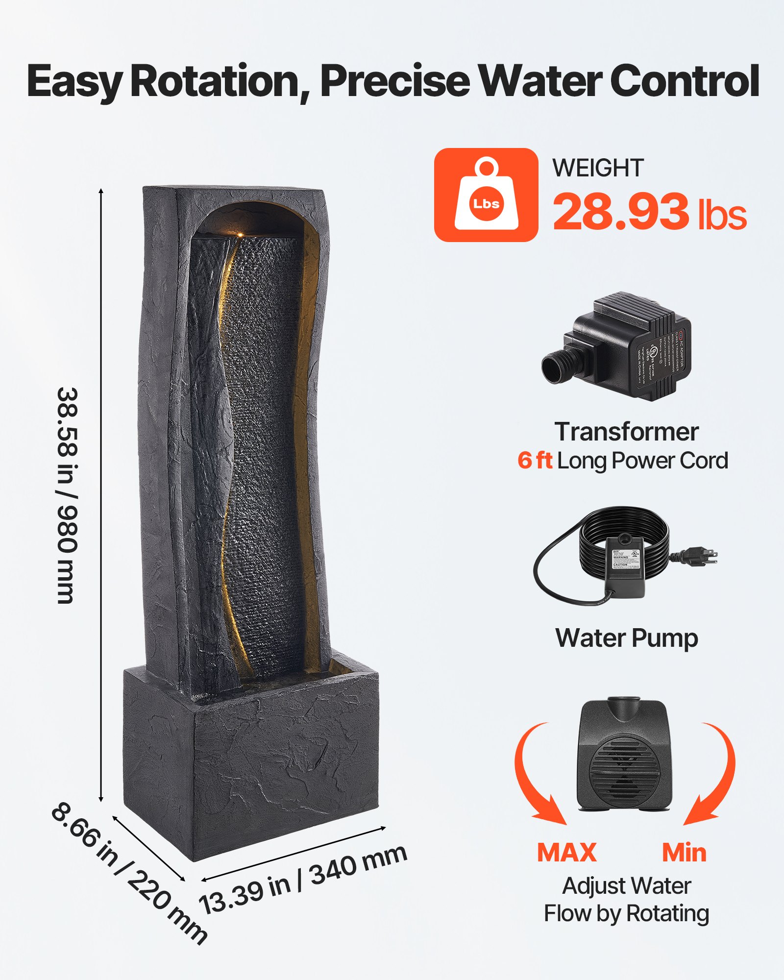 VEVOR Fontana da Esterno, Fontana e Cascata da 340 x 220 x 980 mm, Fontane a 1 Livello con Base in Pietra da Pavimento con Luce LED e Pompa, per Esterni, Interni, Giardino, Casa, Patio e Cortile