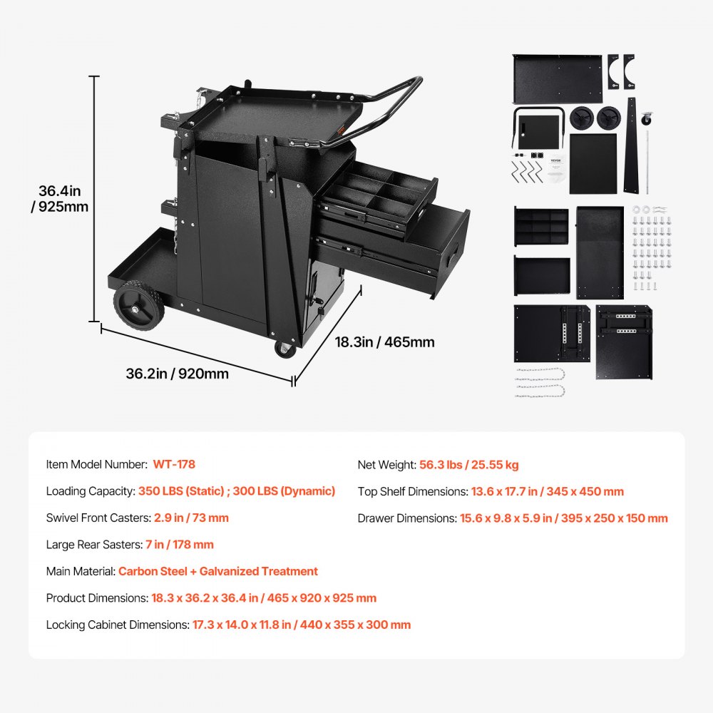 VEVOR Mobile Workshop Trolley, Welding Trolley with 2 Drawers & Lockable Cabinet, 158 kg Weight Capacity, 360° Swivel Wheels, Welding Equipment Trolley for MIG Welder, Plasma Cutter