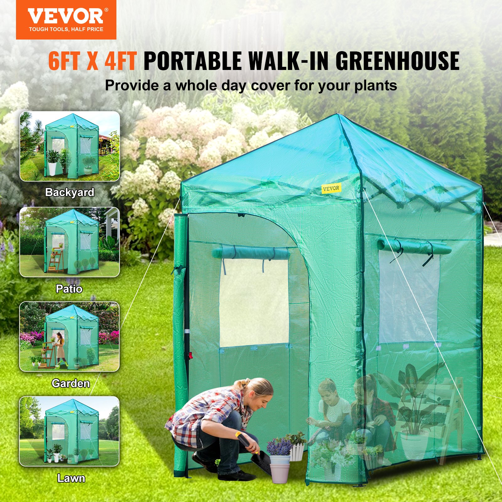 VEVOR Serra Portatile 1,2 x 1,8 x 2,4 m da Giardino Telaio per Piante Verdure Fiori in PE Plastica, Telo di Serra Portatile da Orto con Porta Finestre Arrotolabile Area Copertura da 2,2m2 per Ortaggi
