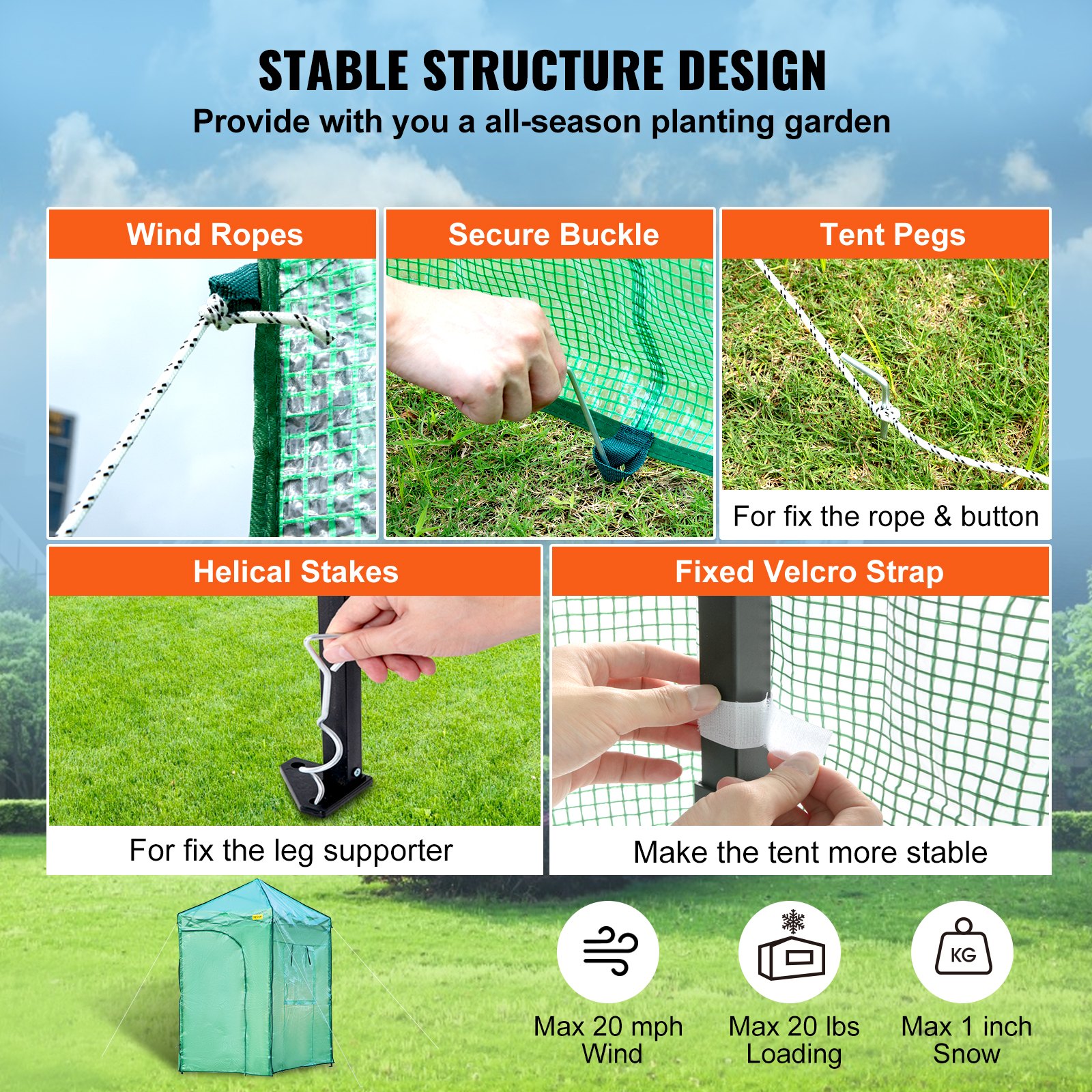 VEVOR Serra Portatile 1,2 x 1,8 x 2,4 m da Giardino Telaio per Piante Verdure Fiori in PE Plastica, Telo di Serra Portatile da Orto con Porta Finestre Arrotolabile Area Copertura da 2,2m2 per Ortaggi