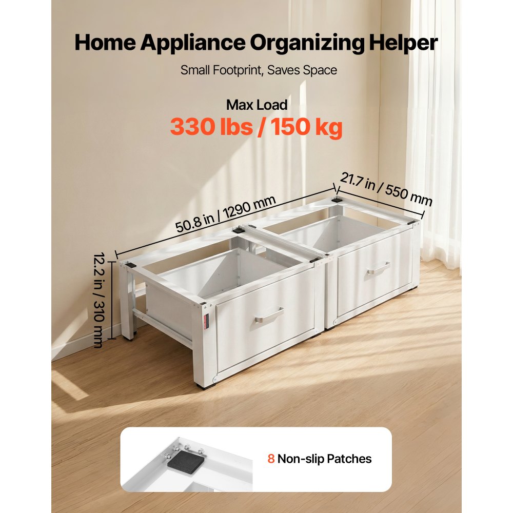 VEVOR Supporto per Lavatrice Asciugatrice Base Universale Altezza 290 mm Carico max. 150 kg Piedini Antiscivolo, Piedistallo per Lavatrice in Acciaio Set da 2 pezzi con Cassetto Portaoggetti, Bianco