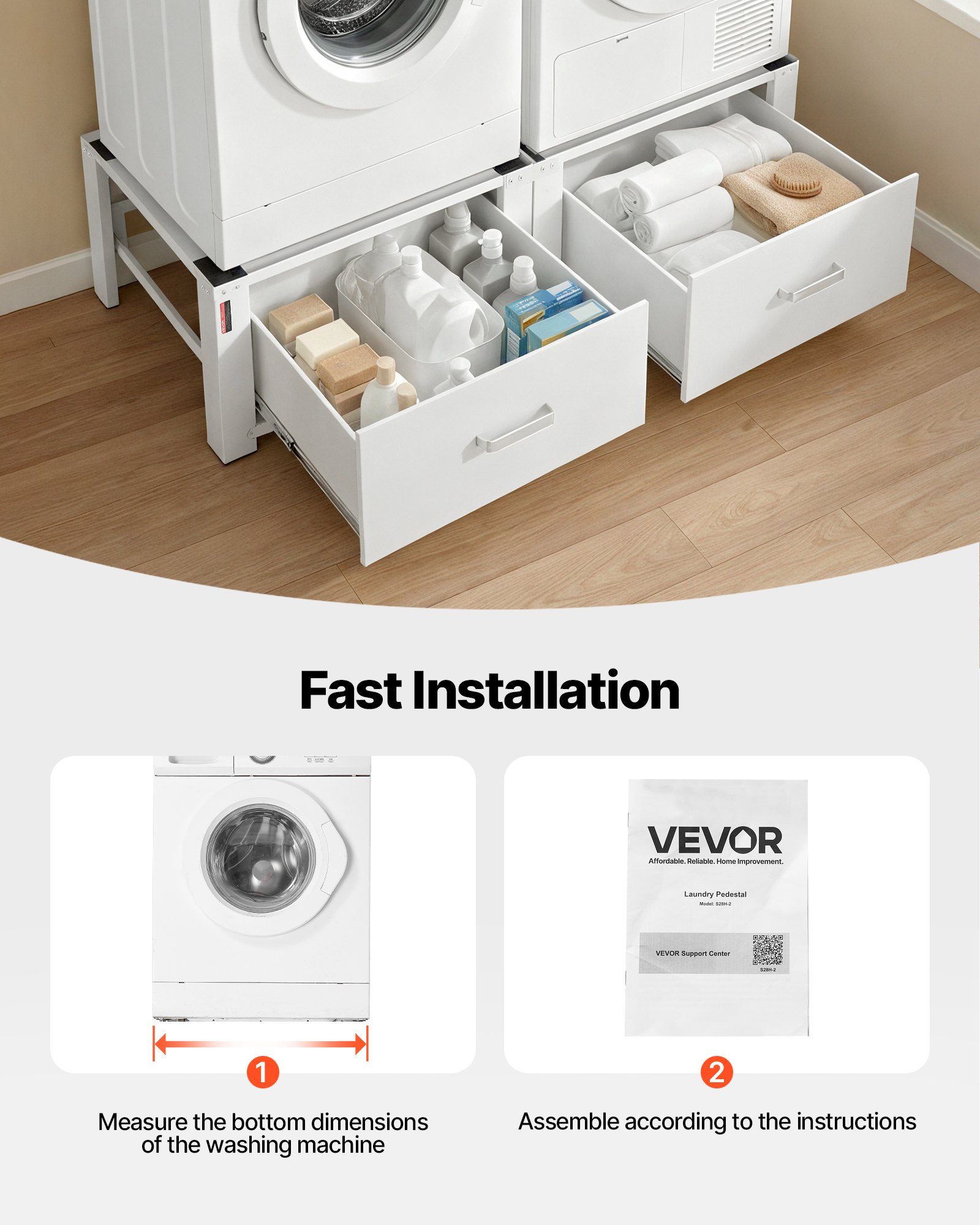 VEVOR Supporto per Lavatrice Asciugatrice Base Universale Altezza 290 mm Carico max. 150 kg Piedini Antiscivolo, Piedistallo per Lavatrice in Acciaio Set da 2 pezzi con Cassetto Portaoggetti, Bianco