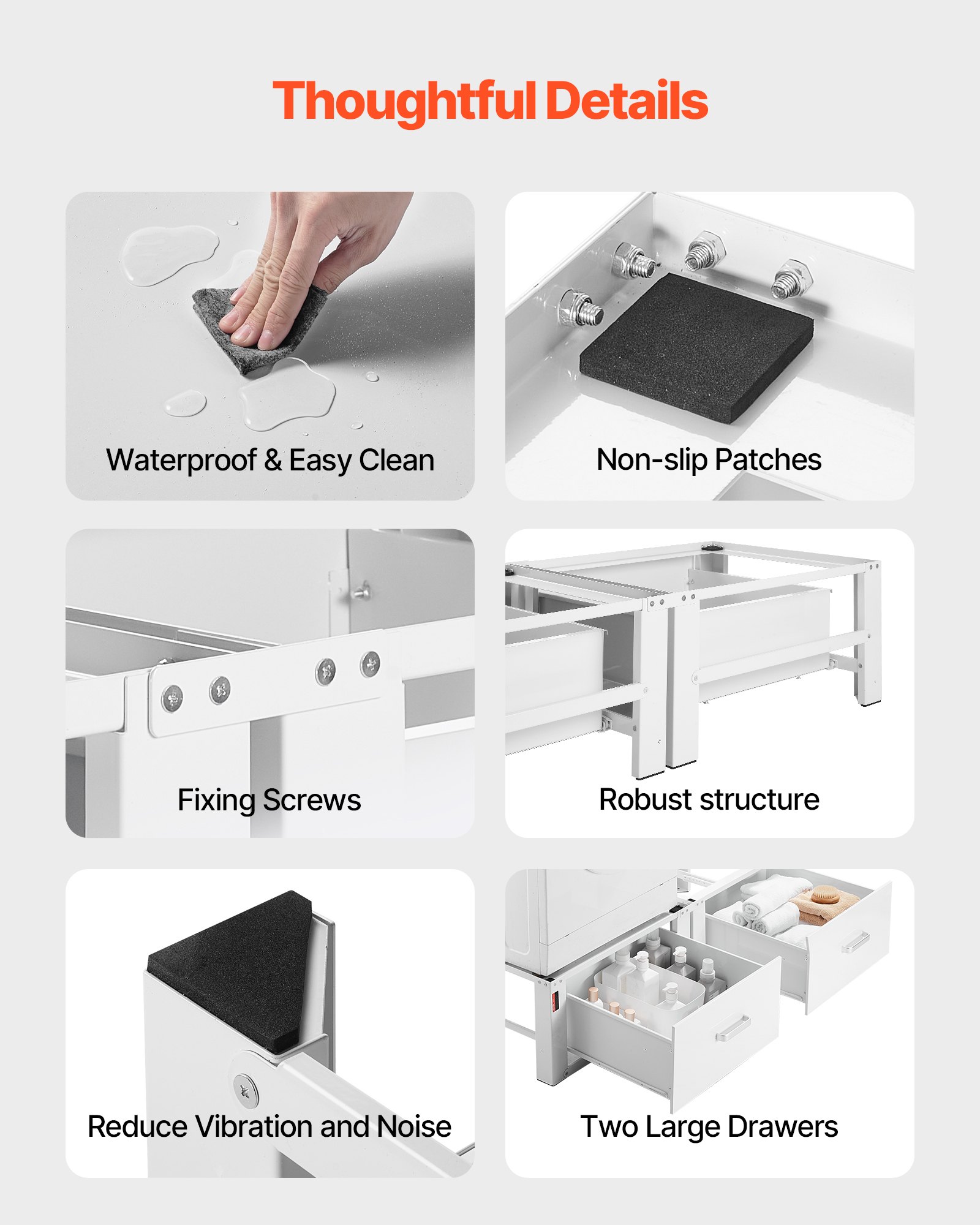 VEVOR Supporto per Lavatrice Asciugatrice Base Universale Altezza 290 mm Carico max. 150 kg Piedini Antiscivolo, Piedistallo per Lavatrice in Acciaio Set da 2 pezzi con Cassetto Portaoggetti, Bianco