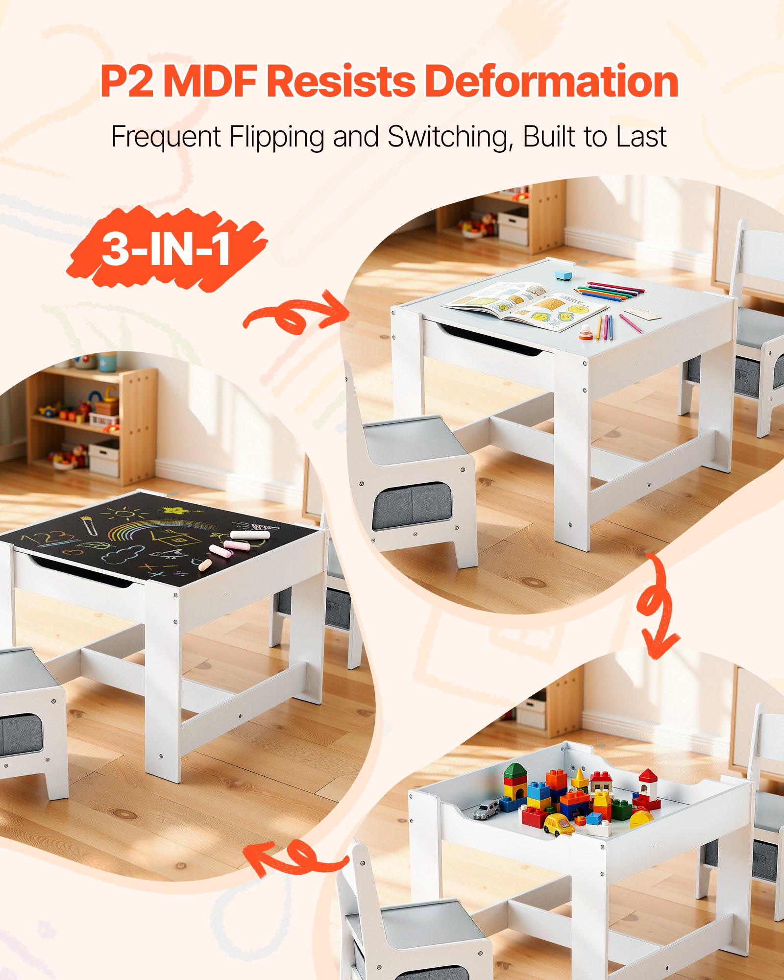 VEVOR Tavolo per Bambini con 2 Sedie Contenitore Portaoggetti in Tessuto Sotto, Set da Tavolo per Leggere Disegnare Scrivere, Set di Sedie per Bambini per l'Asilo Nido, Mobili per Sala Giochi