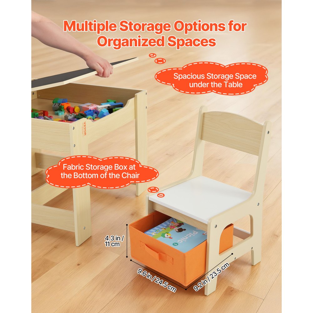 VEVOR Set Tavolo 2 Sedie per Bambini, Set Tavolo Sedie per Bambini con Spazio di Stoccaggio Sotto Tavolo, Contenitore Portaoggetti in Tessuto Sotto Sedie, Scrivania in Legno per Lettura