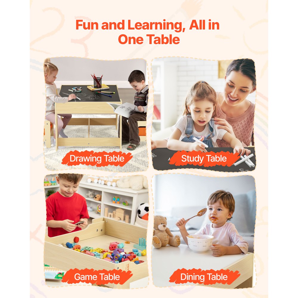 VEVOR Set Tavolo 2 Sedie per Bambini, Set Tavolo Sedie per Bambini con Spazio di Stoccaggio Sotto Tavolo, Contenitore Portaoggetti in Tessuto Sotto Sedie, Scrivania in Legno per Lettura