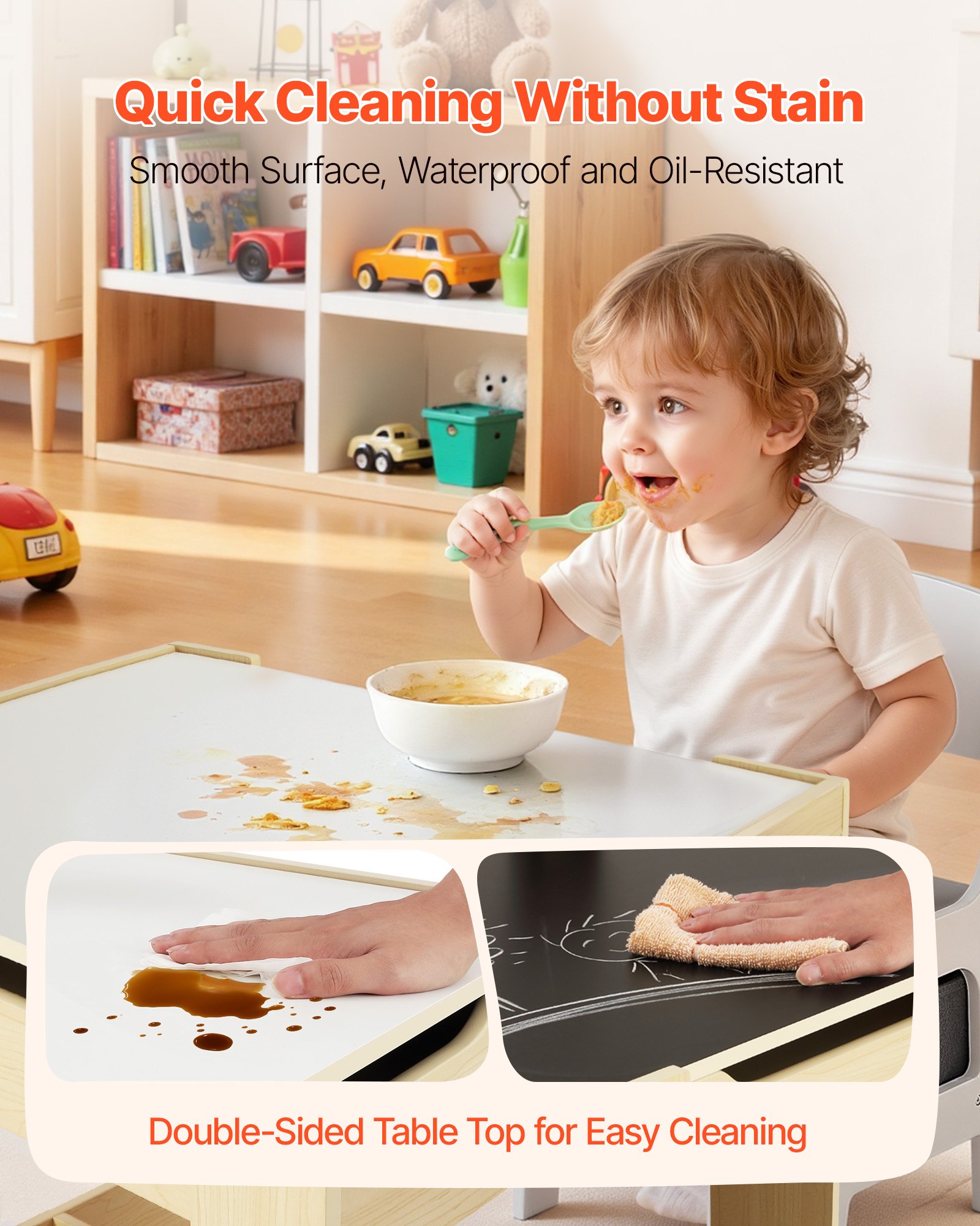 VEVOR Set Tavolo 2 Sedie per Bambini, Set Tavolo Sedie per Bambini con Spazio di Stoccaggio Sotto Tavolo, Contenitore Portaoggetti in Tessuto Sotto Sedie, Scrivania in Legno per Lettura